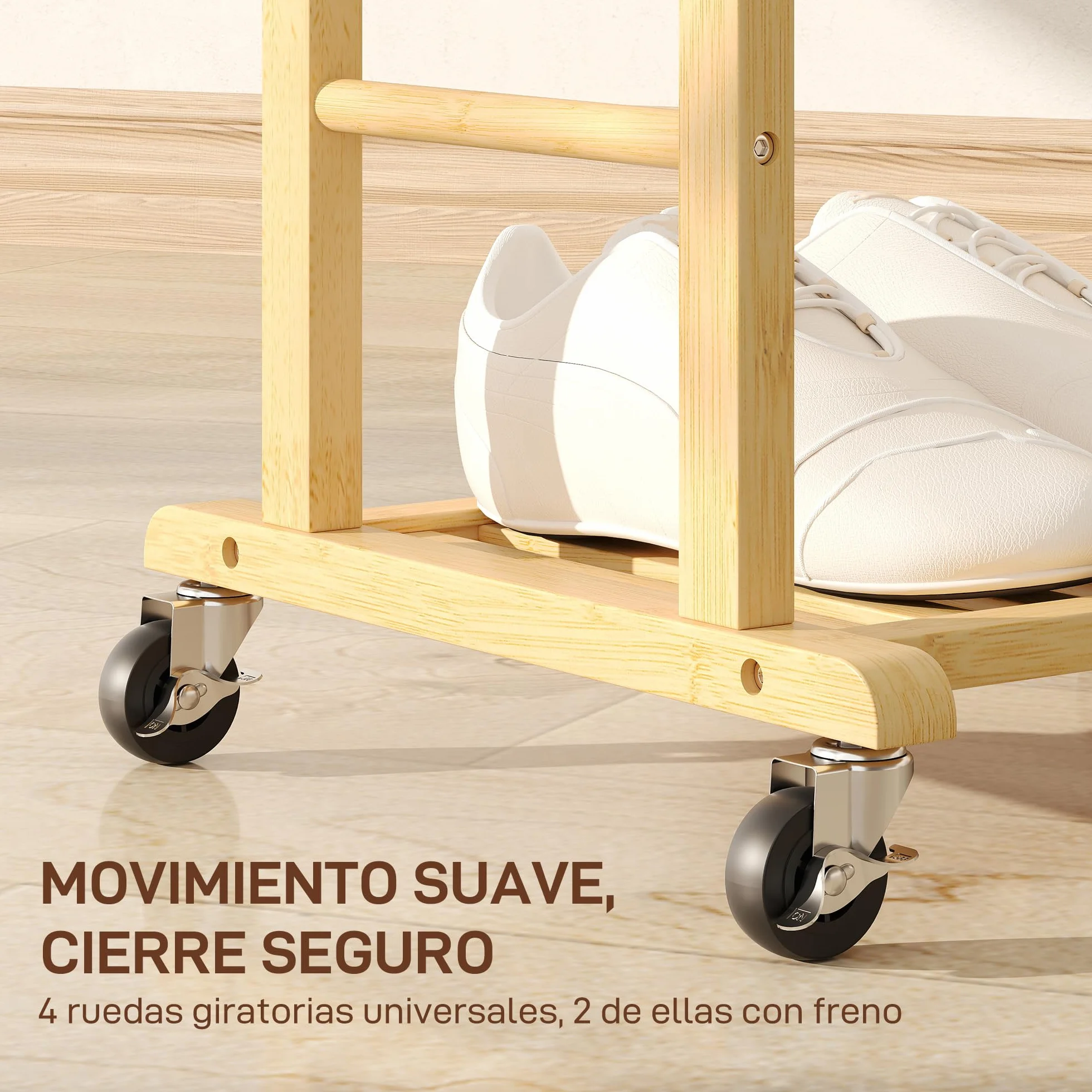 HOMCOM Perchero con Ruedas de Bambú, Colgadores de Ropa y Zapatero, 47x33,7x105,5 cm, Natural y Blanco