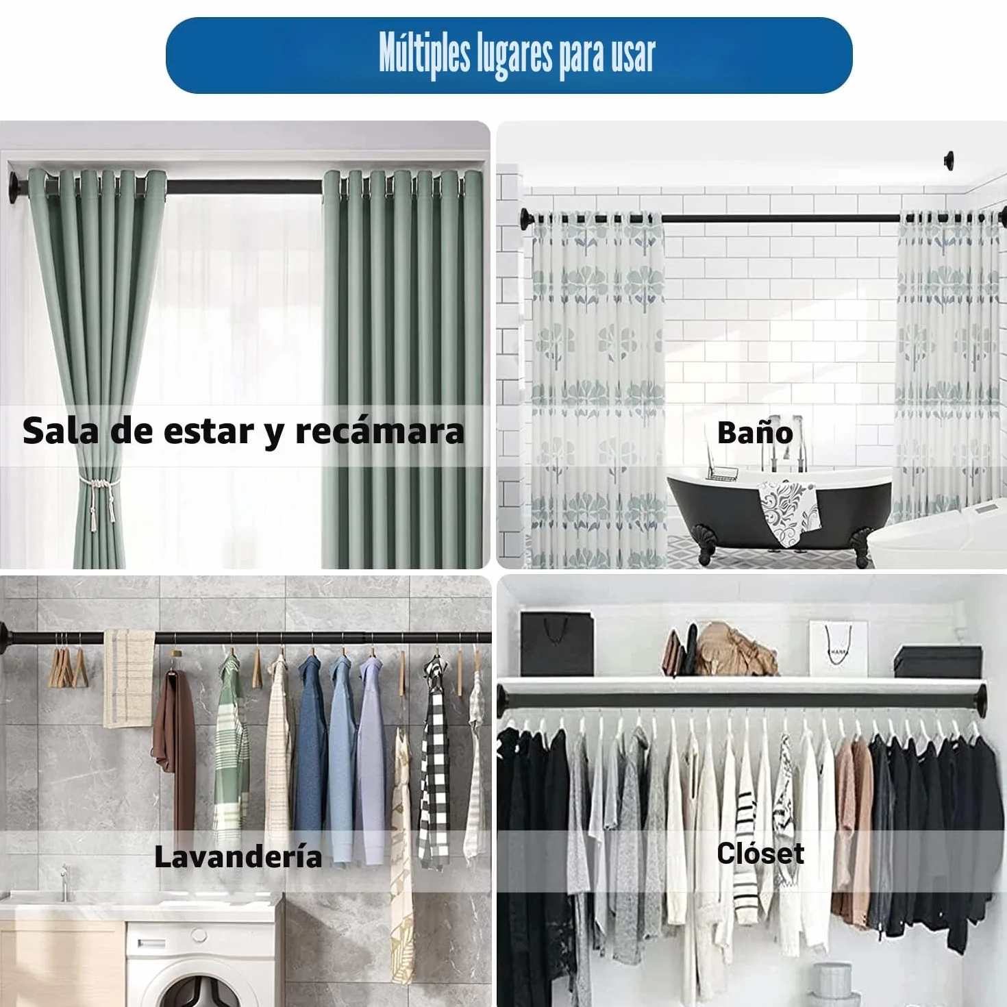 Barra de Cortina Telescópica Extensible 300cm 85-270cm Φ32mm Blanco Baño Dormitorio