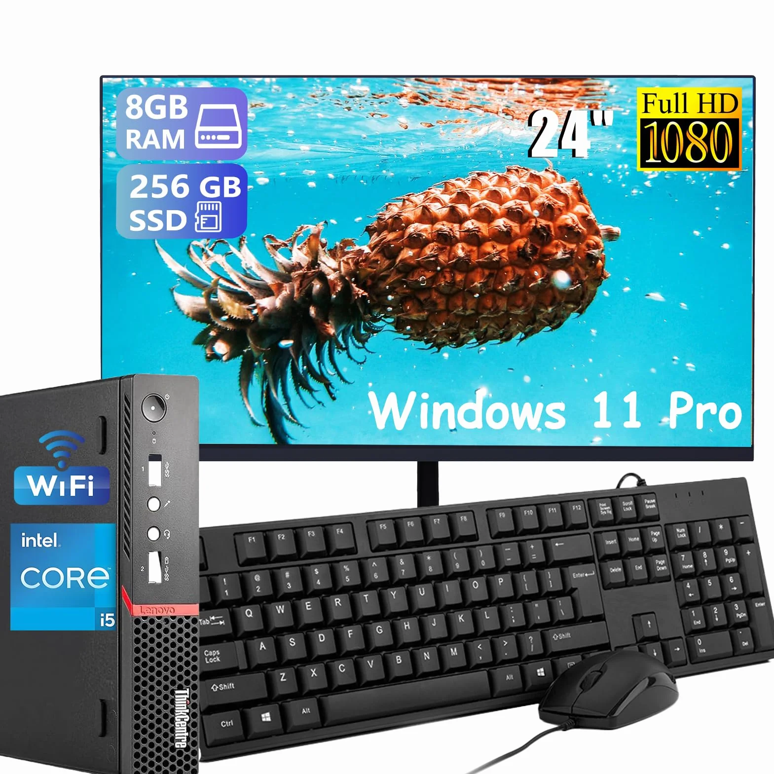 Lenovo ThinkCentre M900 - Mini ordenador de escritorio con pantalla de 24", Intel Core i5-6500, 8 GB de RAM, SSD 256 GB, WiFi, Bluetooth, teclado QWERTY americano, Windows 11 Pro (reacondicionado)