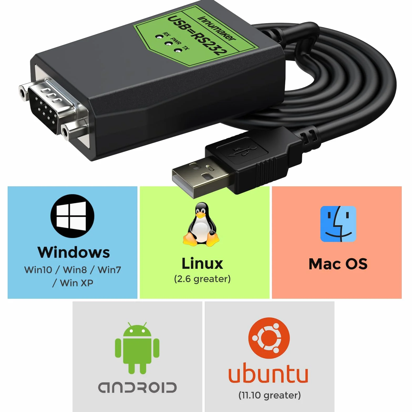 innomaker Adaptador USB a serie RS232 de grado industrial, USB a DB9 macho, chipset FTDI, protección ESD, aislamiento de señal y energía, compatible con Windows 11, 10 XP, Mac OS, Android, Linux