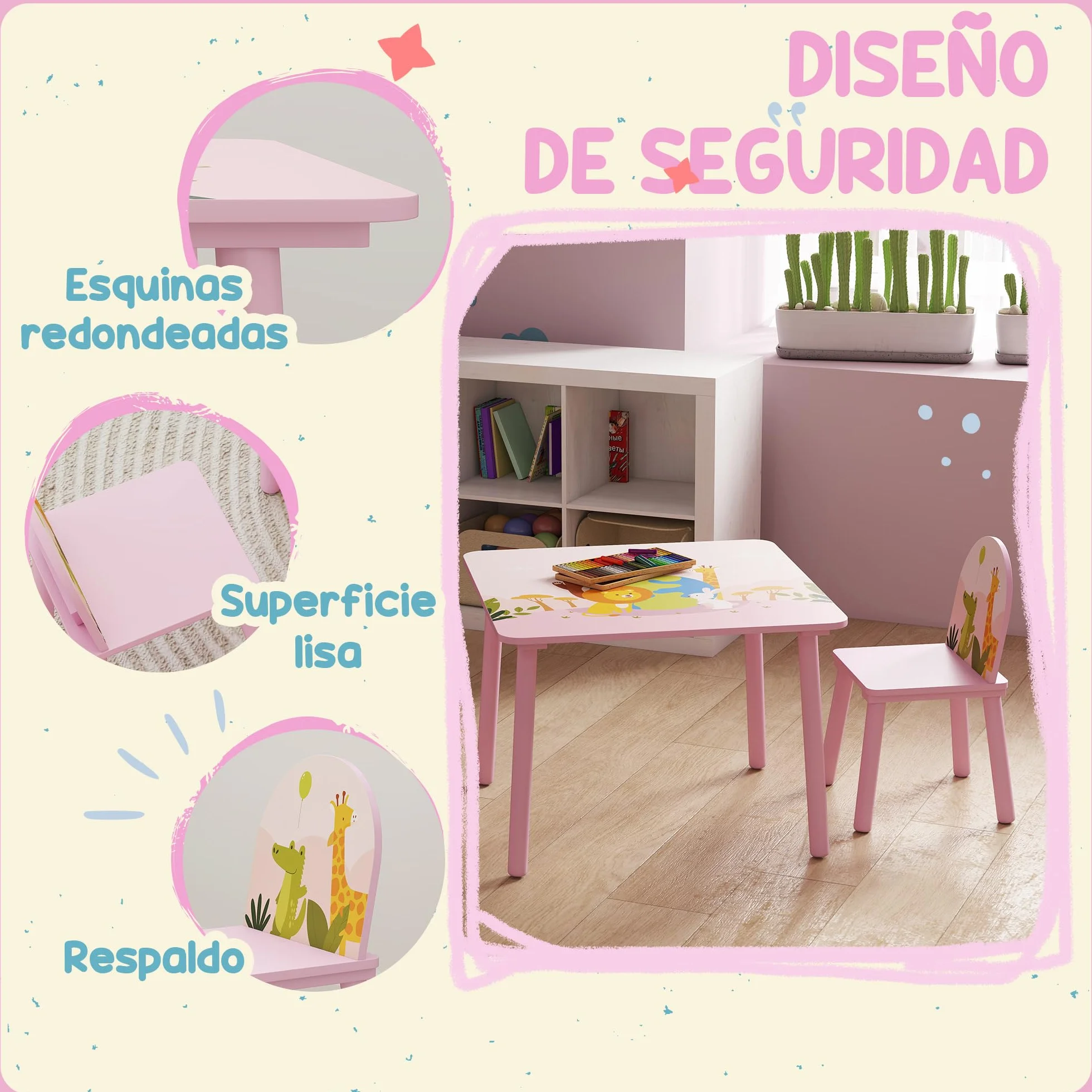 AIYAPLAY Mesa Infantil con 2 Sillas, Estampados de Animales, para Niños 3-8 Años, Hogar, Guardería, Rosa