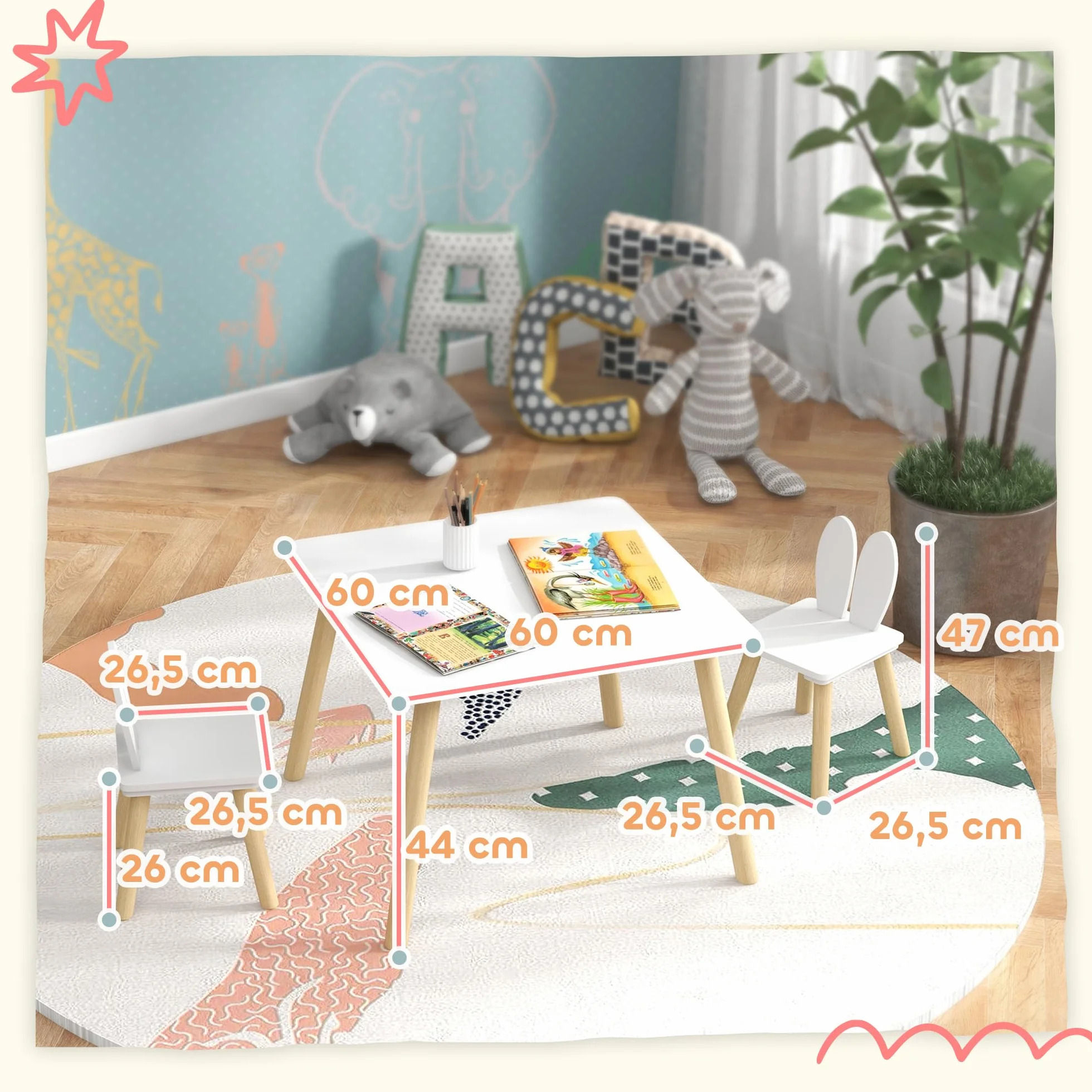 AIYAPLAY Juego de Mesa y 2 Sillas Infantiles con Orejas de Conejo Blanco