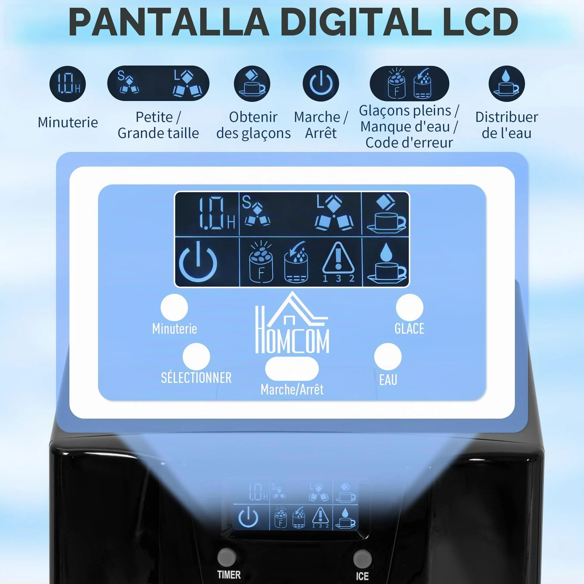 HOMCOM Máquina de cubitos de hielo portátil, 12 kg/24h, 9 cubitos en 6-10 min, tamaño ajustable, temporizador, depósito 3L