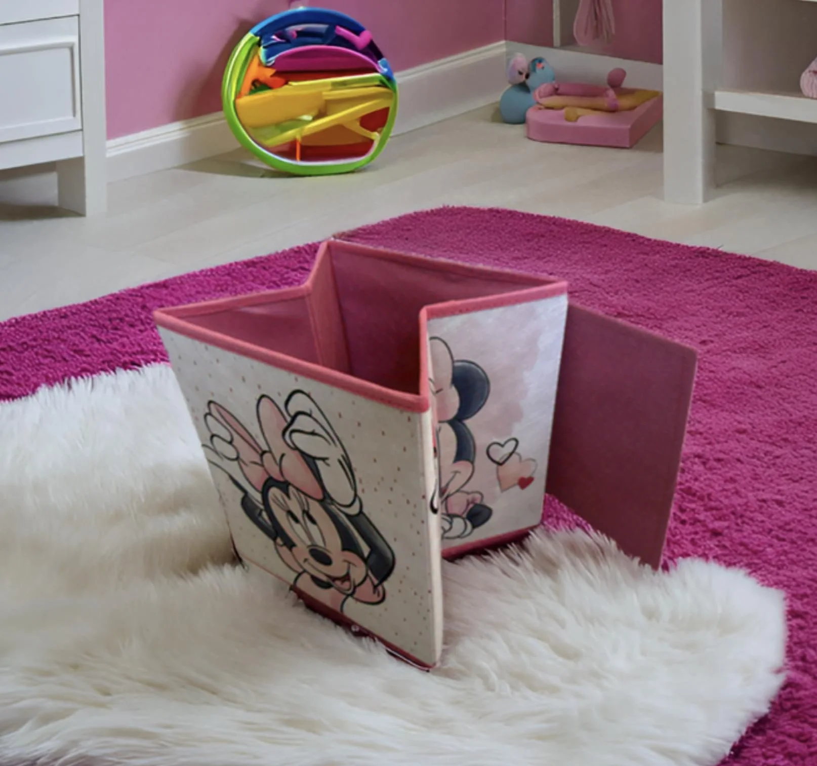 Cubo de almacenaje y asiento Minnie Mouse 30x30x30 cm Taburete infantil plegable con tapa acolchada Organizador de juguetes