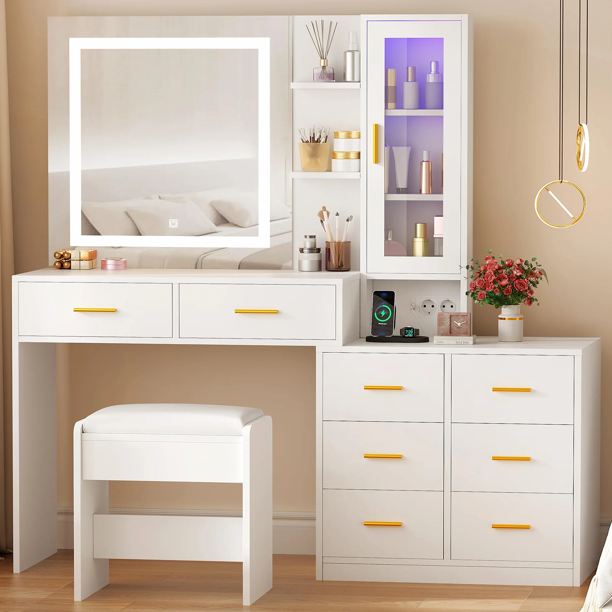 ANWBROAD Grande Tocador de Maquillaje con Luz LED y Enchufes 3 Colores Brillo Ajustable Mesa de Maquillaje con 8 Cajones Blanco BDT77W