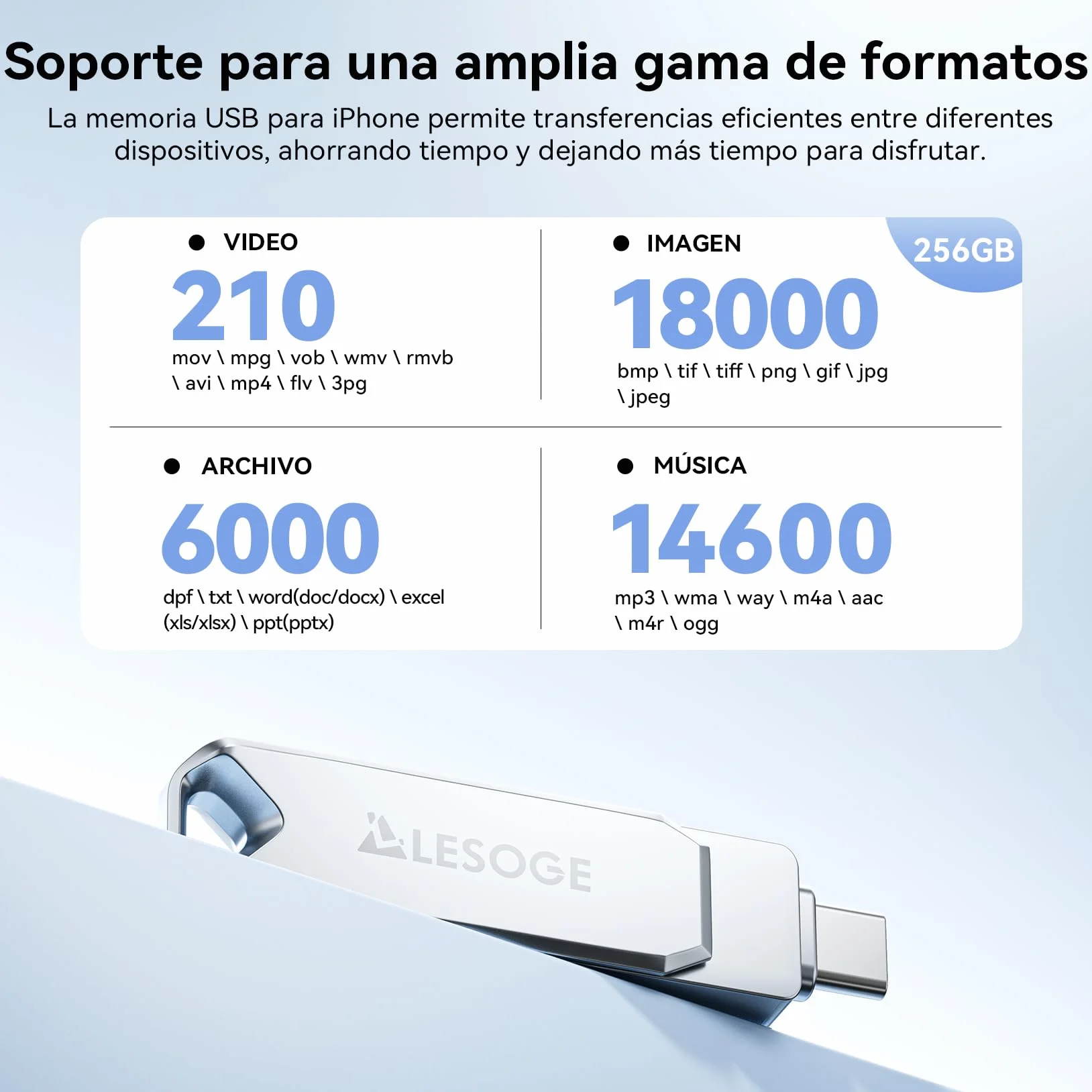 MFi – Memoria USB C 256GB para iPhone y Android, Memoria Externa iPhone 3 en 1, Memoria USB 3.0, pendrive USB-C para Fotos y vídeos (Plata)