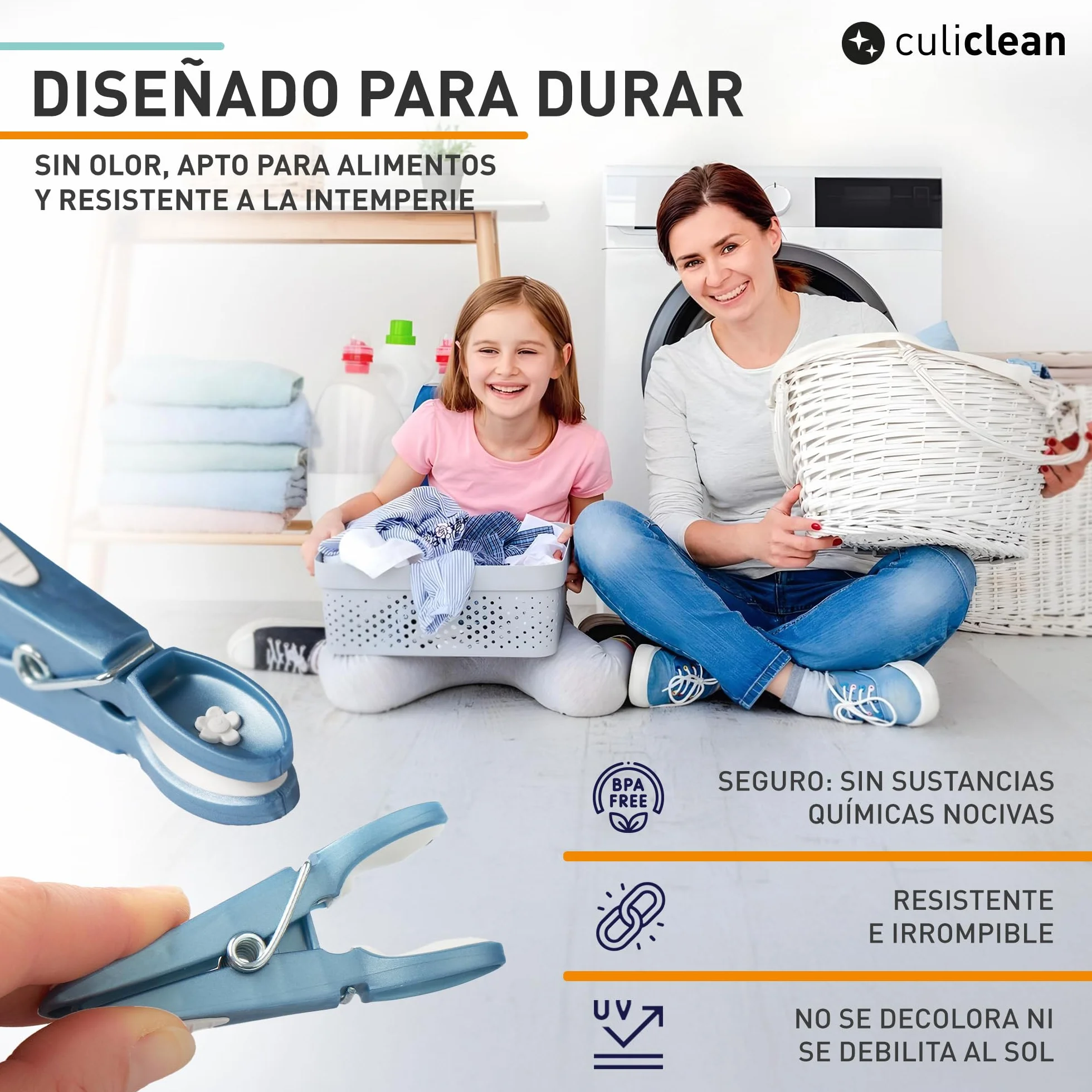 Culiclean Pinzas Ropa Fuertes 48 Pinzas Plástico Resistente BPA-Free Fabricado en Francia