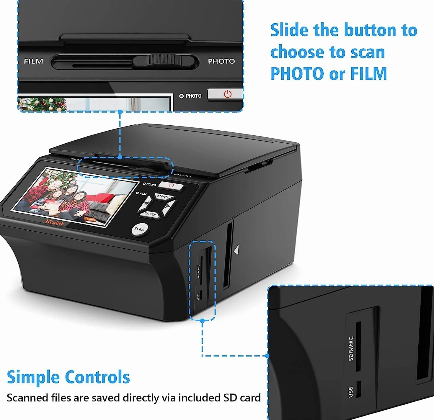 Pantalla LCD de 5 pulgadas, convierte películas, fotos y tarjetas de visita de 35 mm y 110 mm en alta resolución JPEG de 22 MP - Incluye tarjeta SD de 8 GB