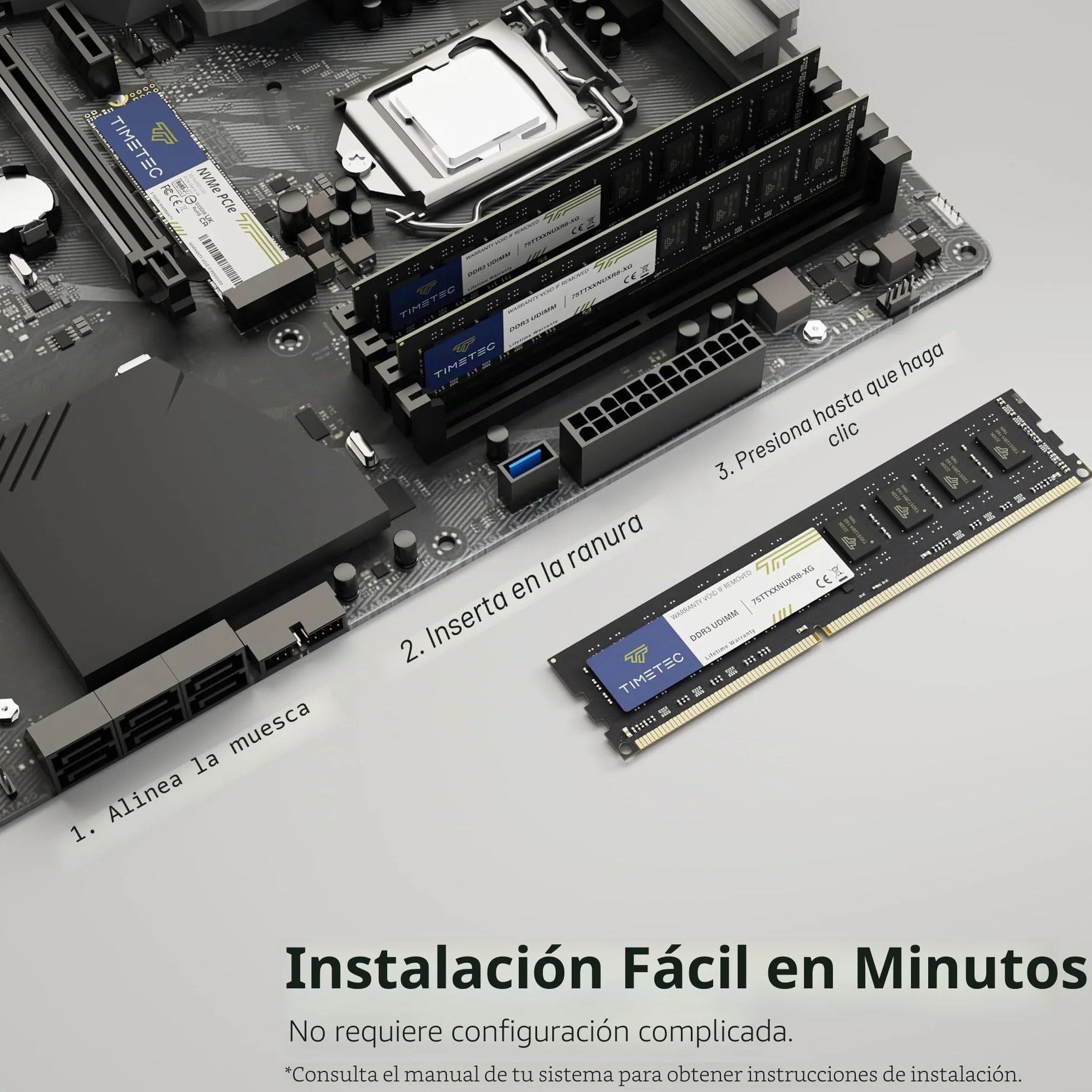 Timetec 8GB DDR3 / DDR3L 1333MHz PC3-10600 Non-ECC Unbuffered 1.5V / 1.35V CL9 2Rx8 Dual Rank 240 Pin UDIMM Memoria RAM Módulo para Actualizacion para PC Computadora de Escritorio