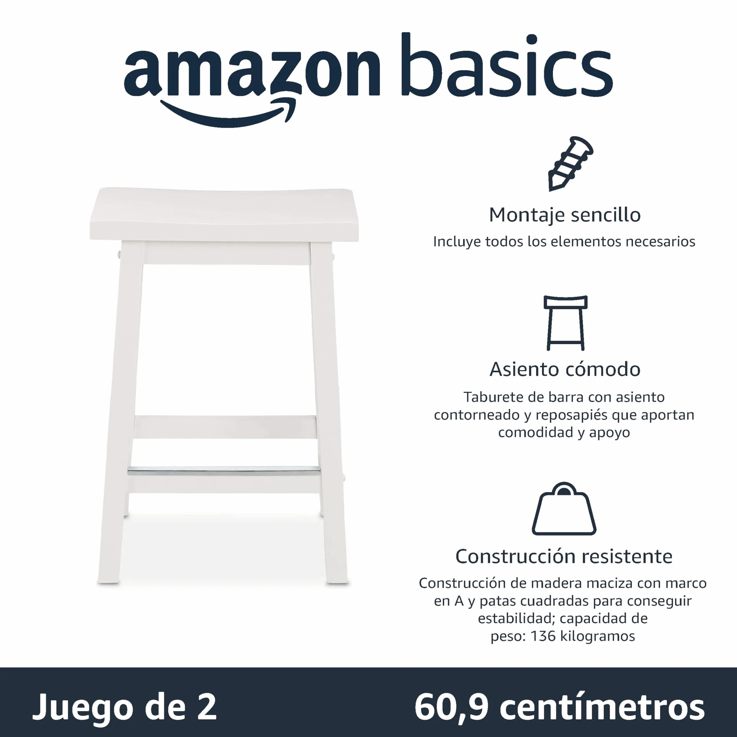 Amazon Basics Juego de 2 taburetes de cocina de madera maciza, 61 cm, Blanco