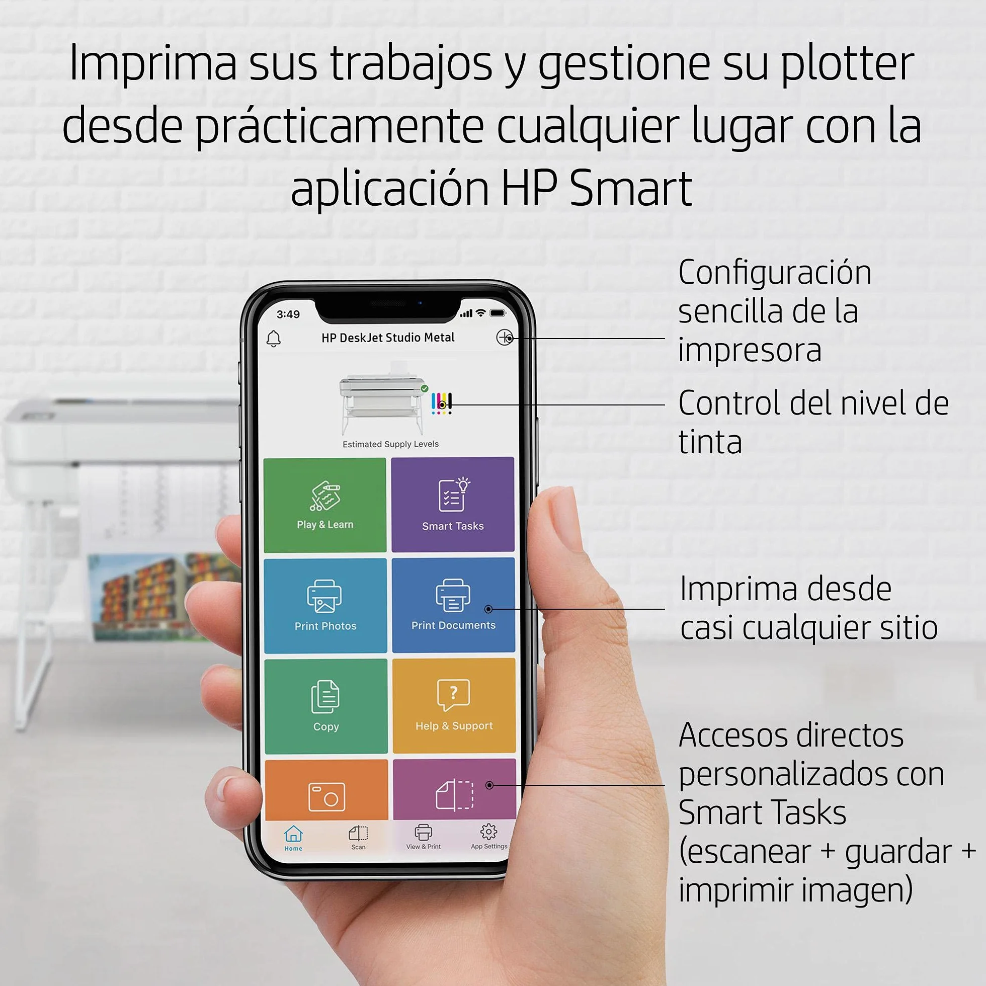 HP Impresora Plotter de Gran Formato DesignJet Studio - Steel, de 24 Pulgadas, hasta A1, Impresión Móvil, Wi-Fi, Gigabit Ethernet, USB 2.0 de Alta Velocidad, Garantía de 1 año (5HB12C)