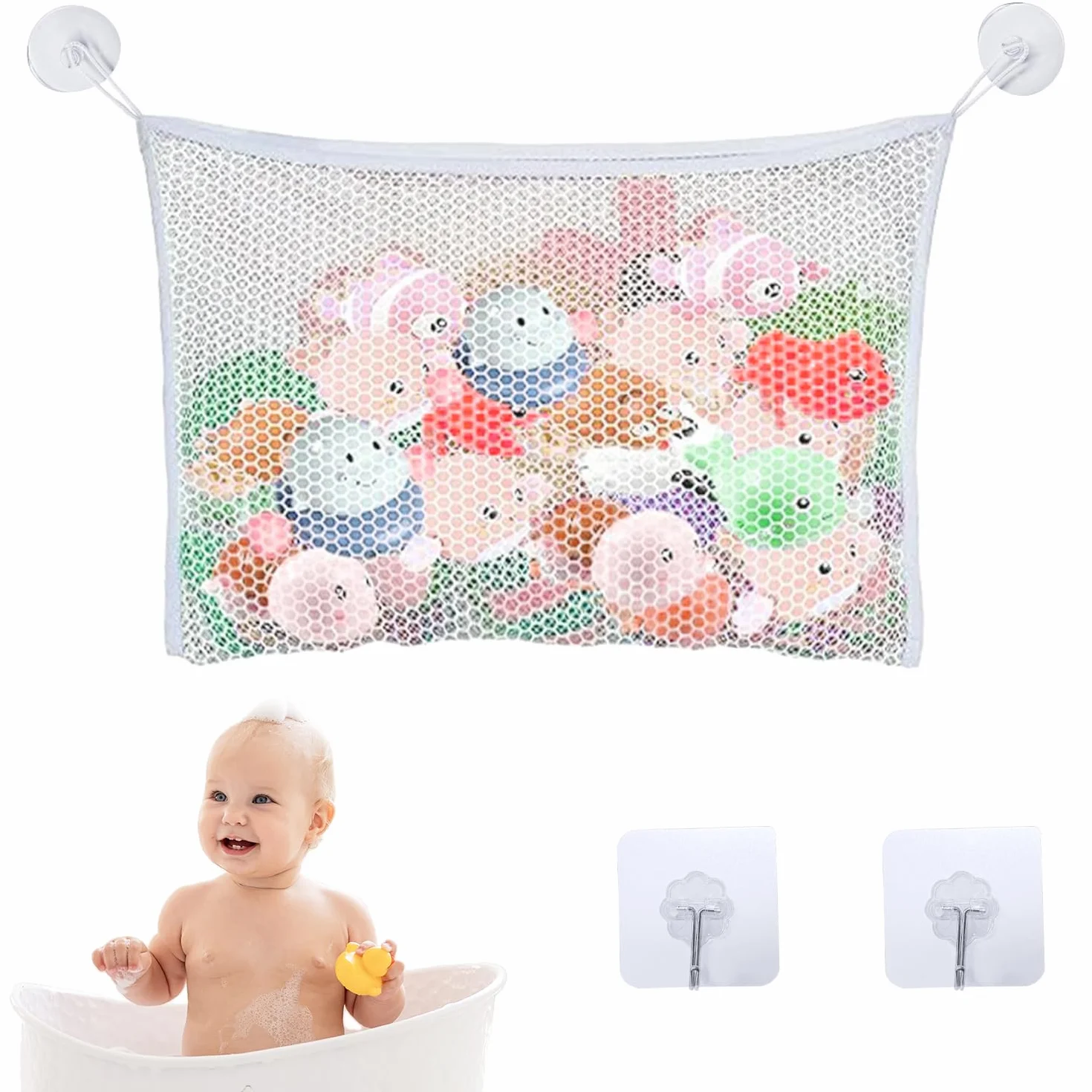 Red de Almacenamiento para Juguetes de Baño (35x45cm) con Ventosas y Ganchos Adhesivos, Organizador Juguetes Niños, Bolsa de Malla para Baño y Bebés