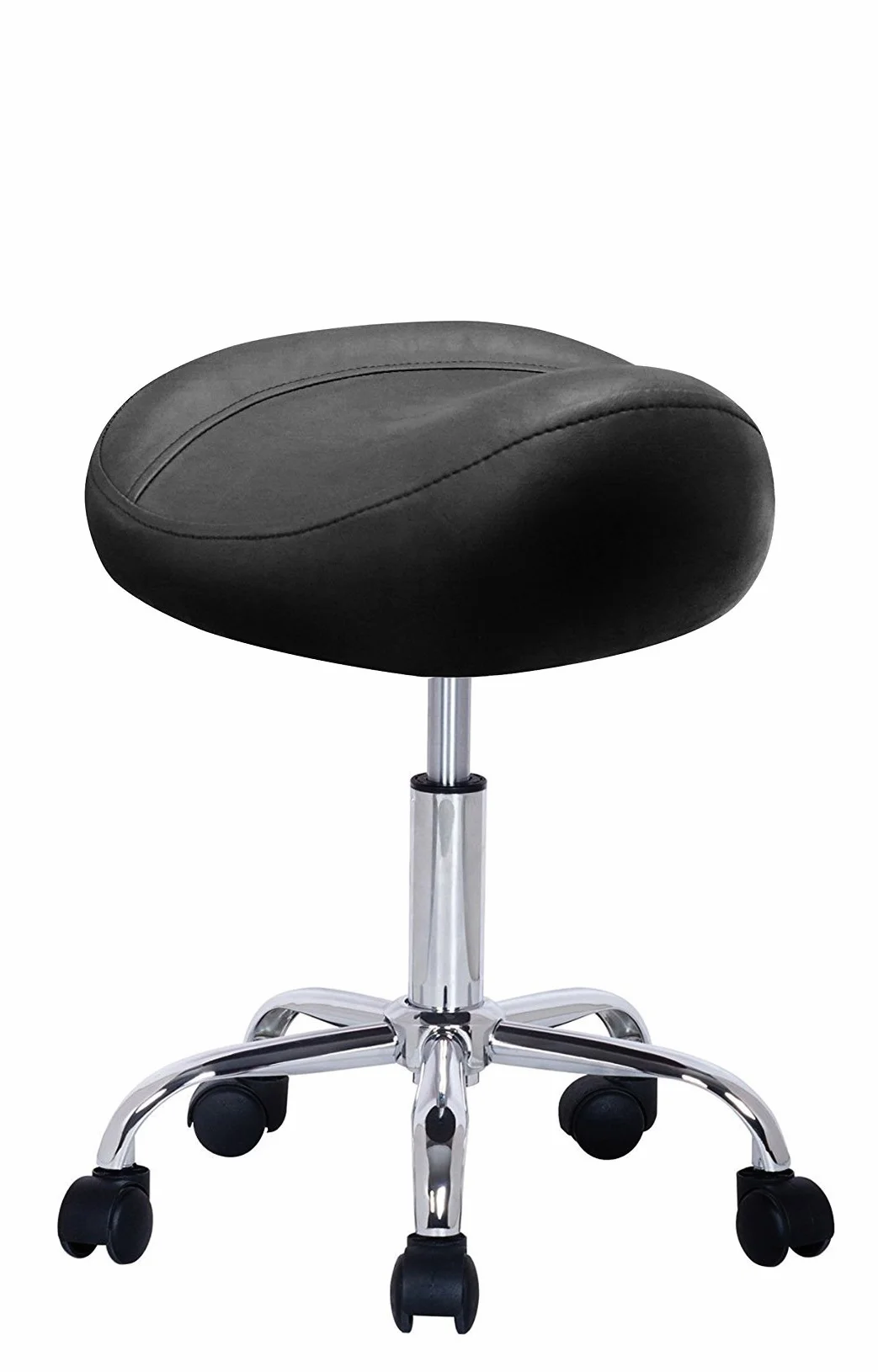 Taburete de Peluquería, Silla de Peluquería, Asiento de Material Cuero Sintético y Diseño Ergonómico, Altura Regulable, Giratorio 360º y Base Estable con 5 Rueditas, Color Negro