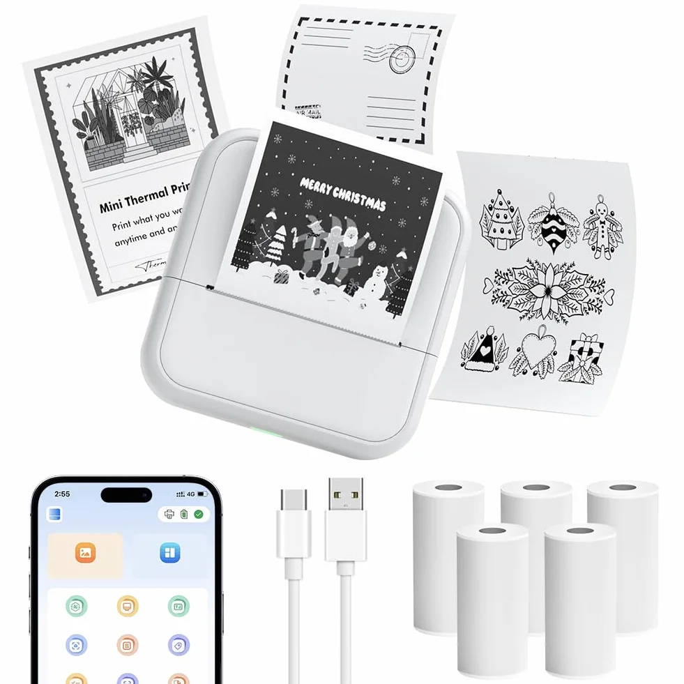 OFFCUP Mini Impresora para Movil, Impresora Fotográfica con 6 Rollos de Papel Térmico, Bluetooth Inalámbrico Portátil Impresora Termica, Impresora de Calcomanías para Teléfono Android iOS (Blanco)