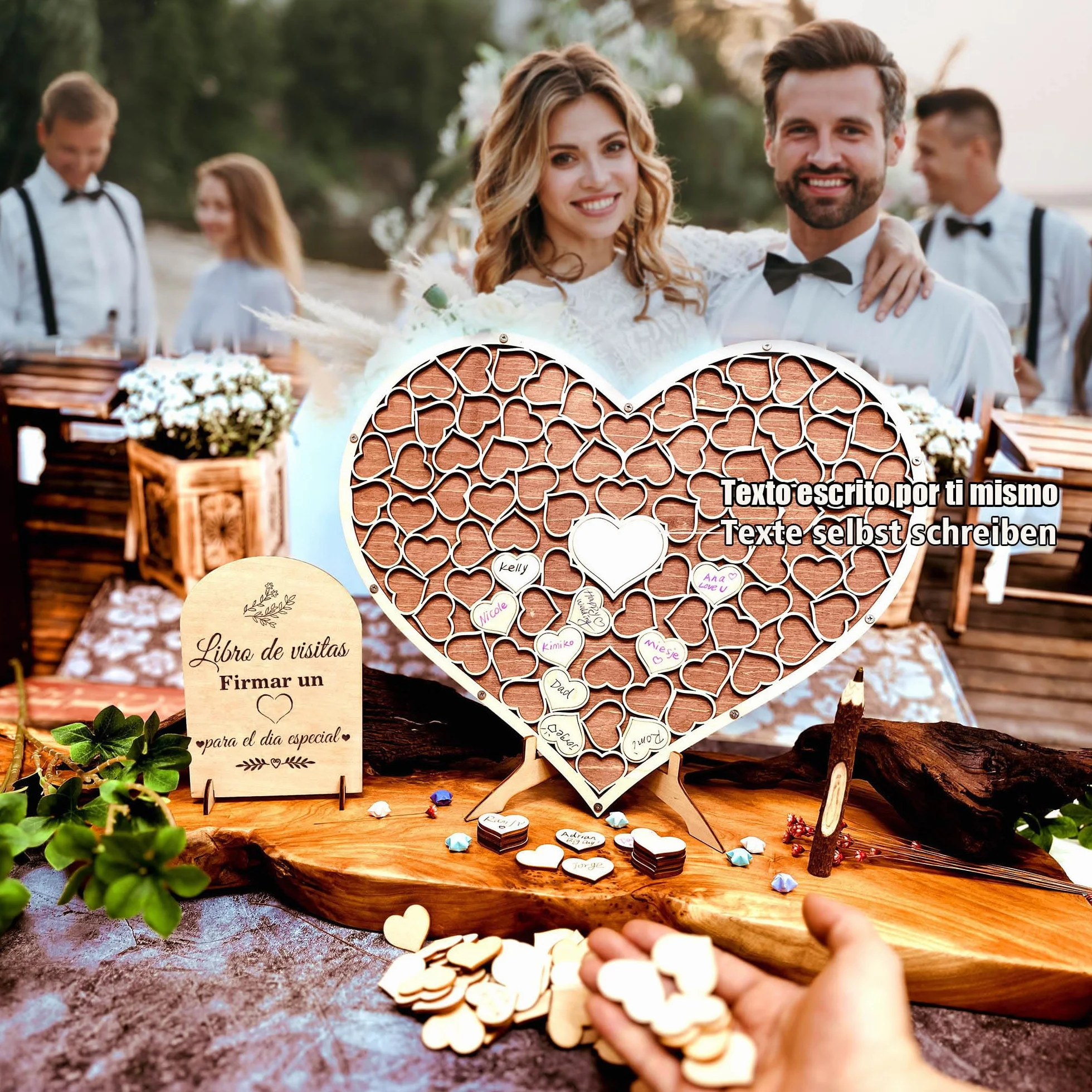 Libro de Firmas de Boda Corazón Madera, Decoración Alternativa con 83 Corazones y Bolígrafos