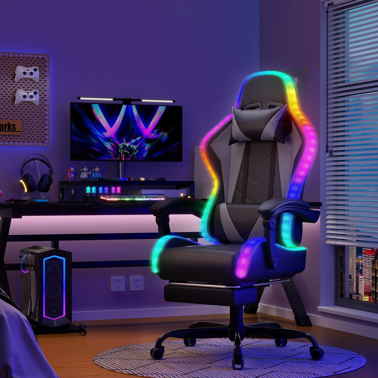 Devoko Silla Gaming con Masajeador y LED Ergonómica Oficina Reposapiés Iluminación RGB (Gray)