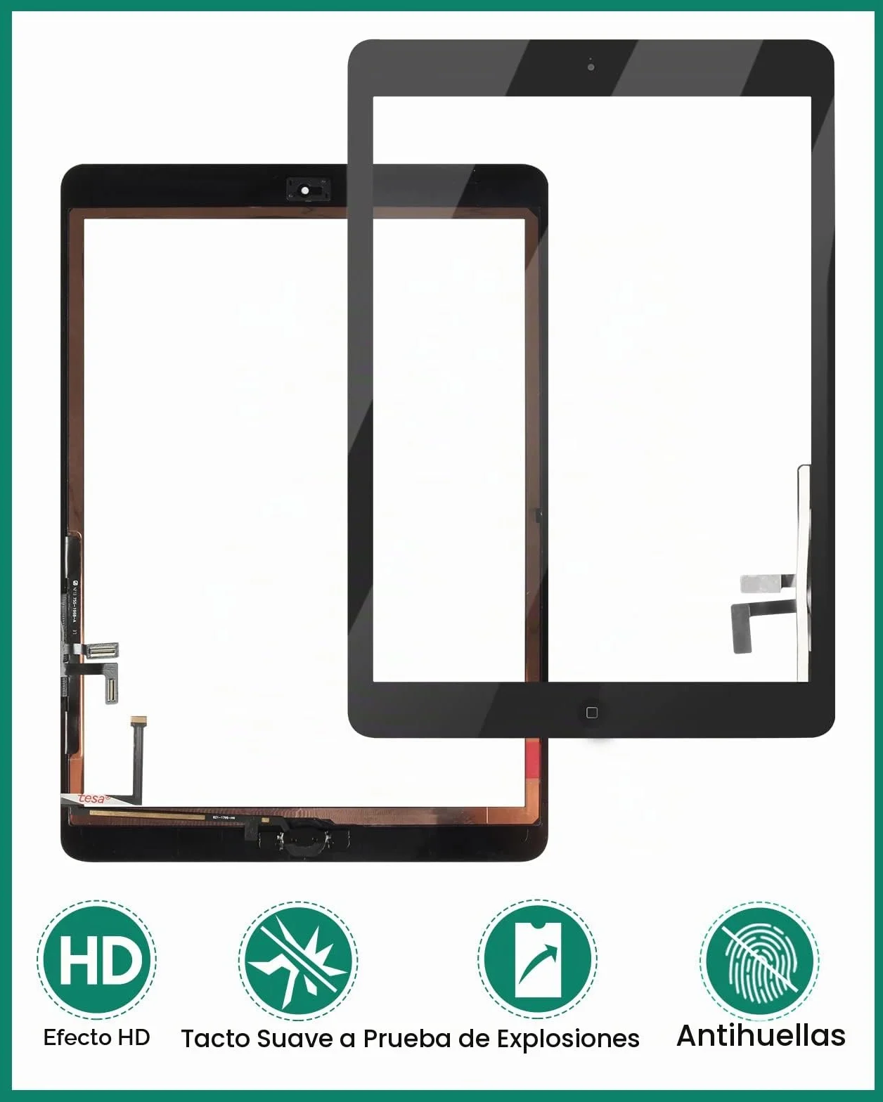 para iPad Air 1 1ª generación de Pantalla táctil digitalizador de Vidrio de Repuesto, para iPad 5 A1474 A1475 A1476 Panel Kit de Piezas de reparación (con botón de Inicio) (Negro)