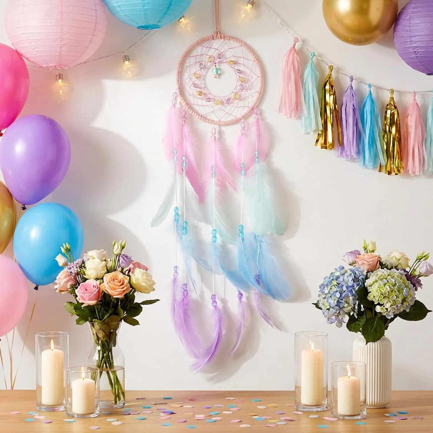Atrapasueños Grande Hecho a Mano con Plumas y Cuentas de Colores Rosa