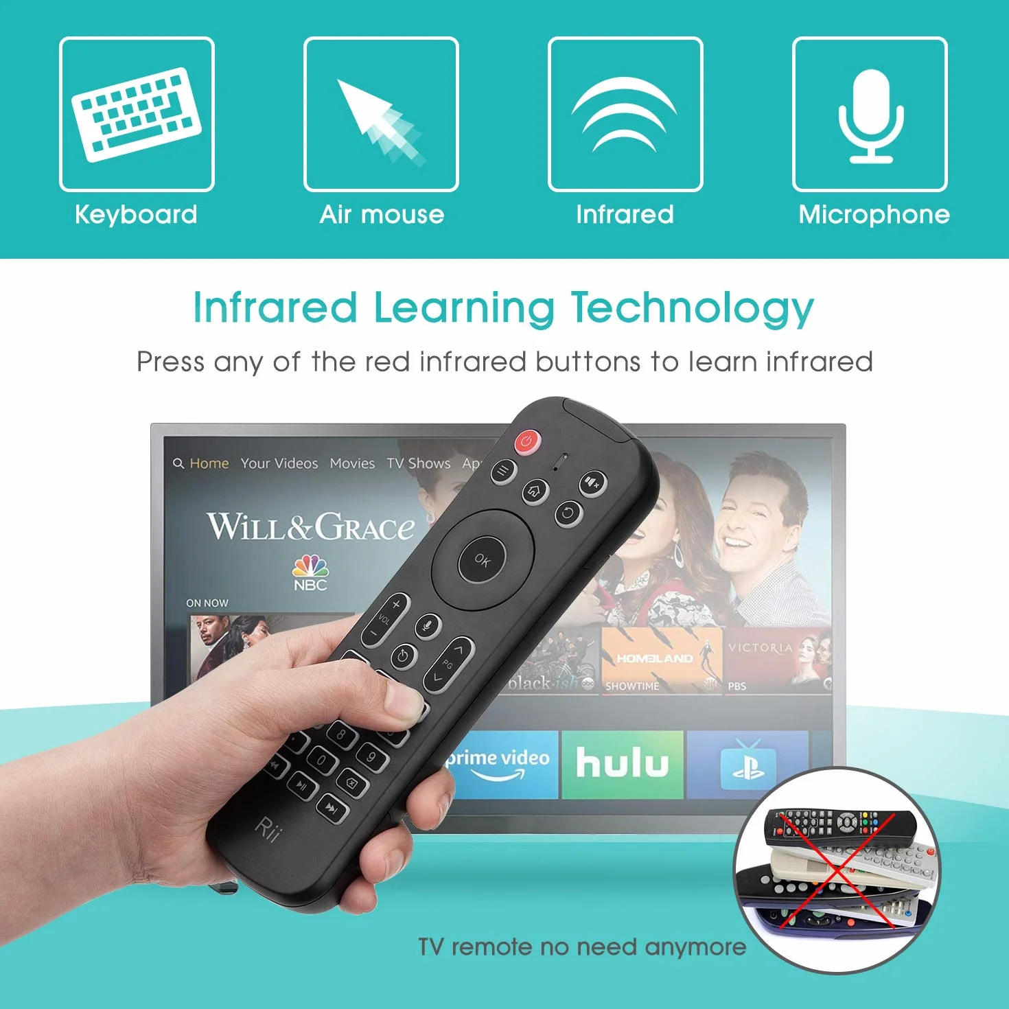 Rii MX6+ Wireless + IR - Control Remoto con Gyro Mouse, Teclado retroiluminado y micrófono para Android Smart TV, TV Box, PC y Mac