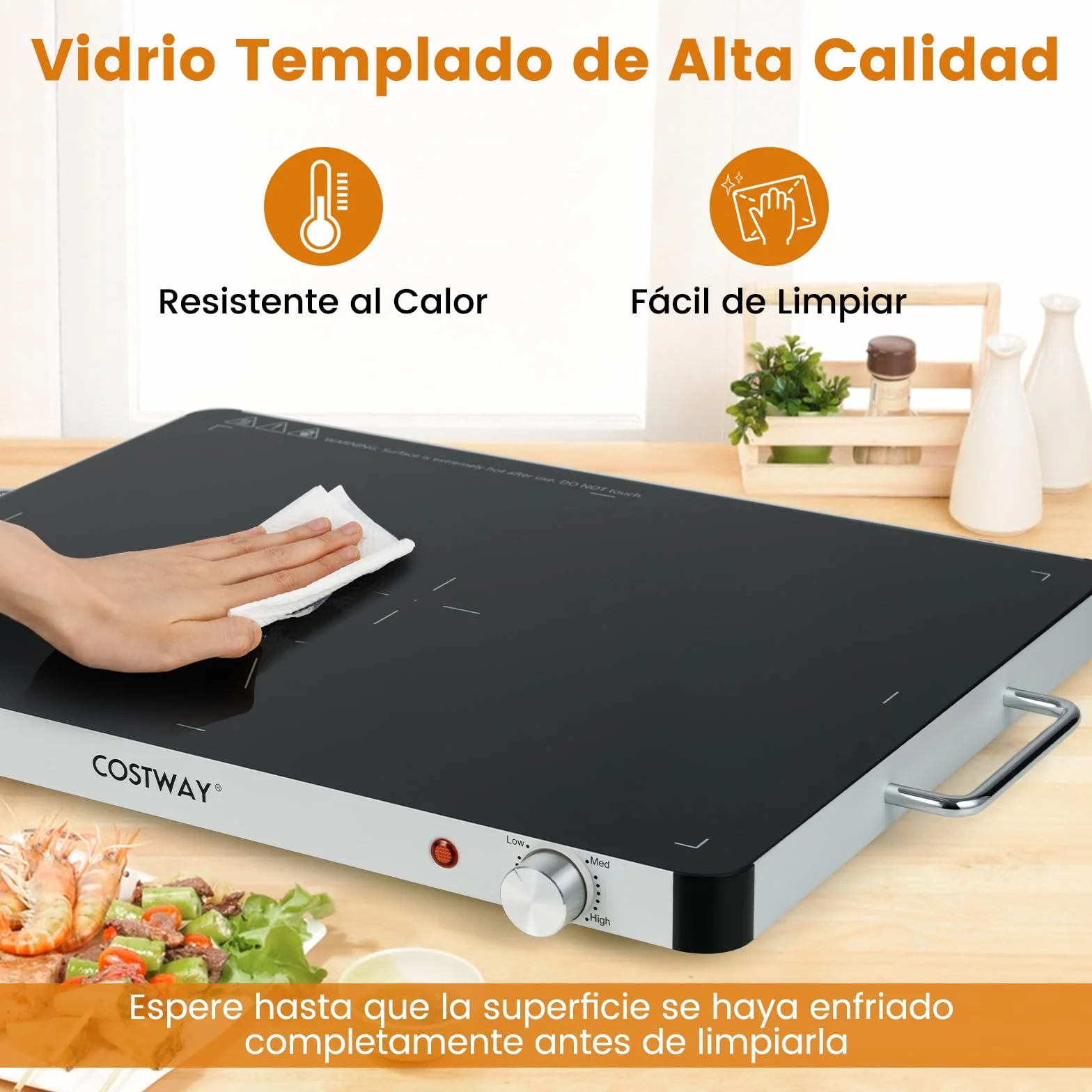 COSTWAY Bandeja Calentadora Eléctrica Vidrio Templado, Placa Calefactora Temperatura Ajustable, Asas Antiescaldaduras Portátil 61x42x4 cm