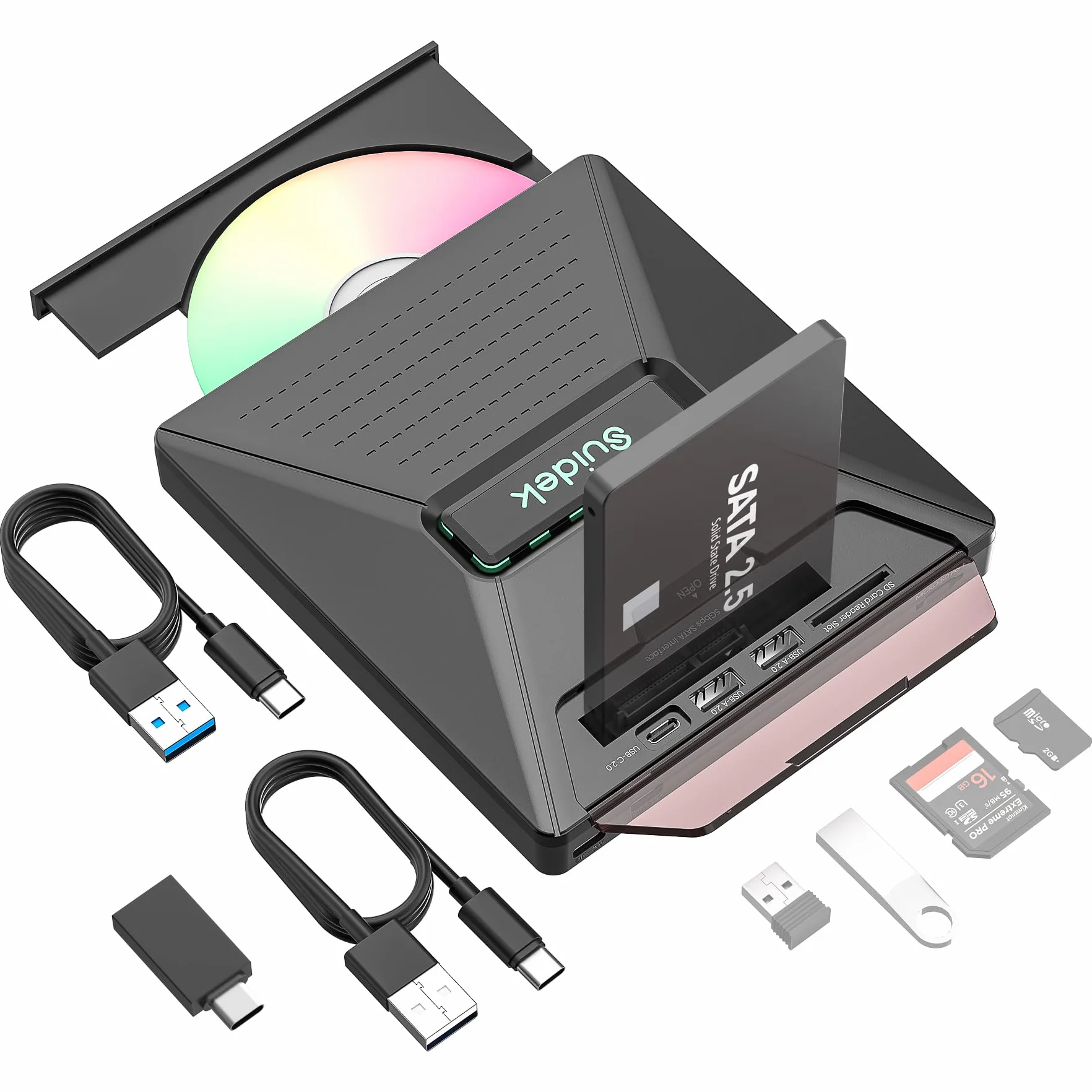 Unidad de DVD Externo, Lector CD Externo Portátil USB 7 en 1 para Ordenador Portátil, Compatible con Unidad de Tarjetas SD/Micro SD SATA, Lector de CD para Ordenador Portátil/Windows/Mac/Macbook