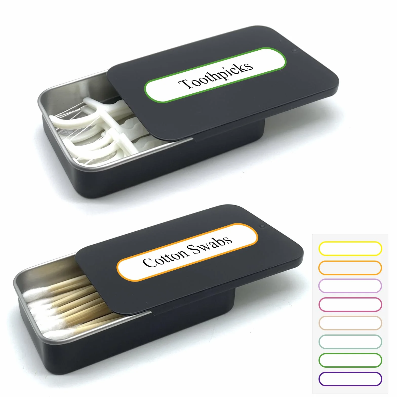 SwirlColor Contenedor para hisopos de algodón, 2 piezas portátil pequeño porta bastoncillos vacío algodonados caja de algodón almohadilla con tapa de metal para palillos corbatas pelo -negro (2)