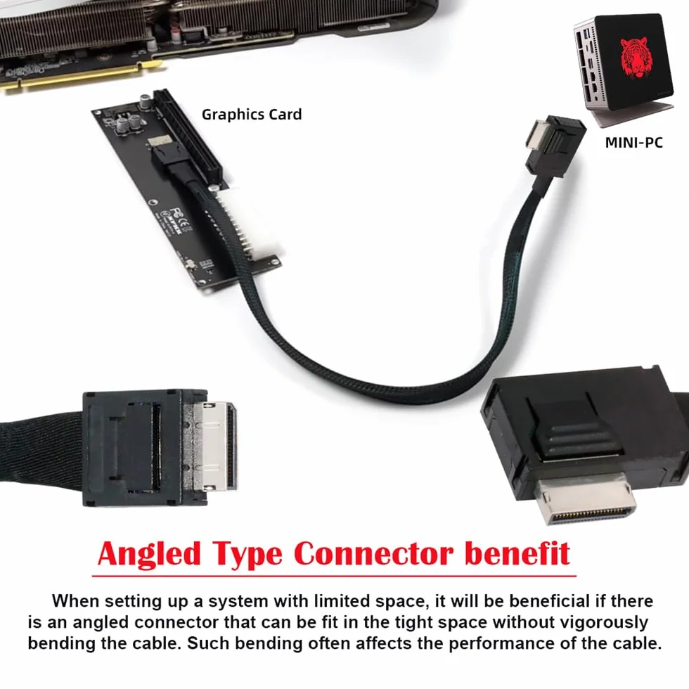 Cable activo de datos OcuLink PCIe 4.0 PCI-Express SFF-8611 4i a SFF-8611 en ángulo izquierdo de 90 grados para eGPU SSD de 50 cm