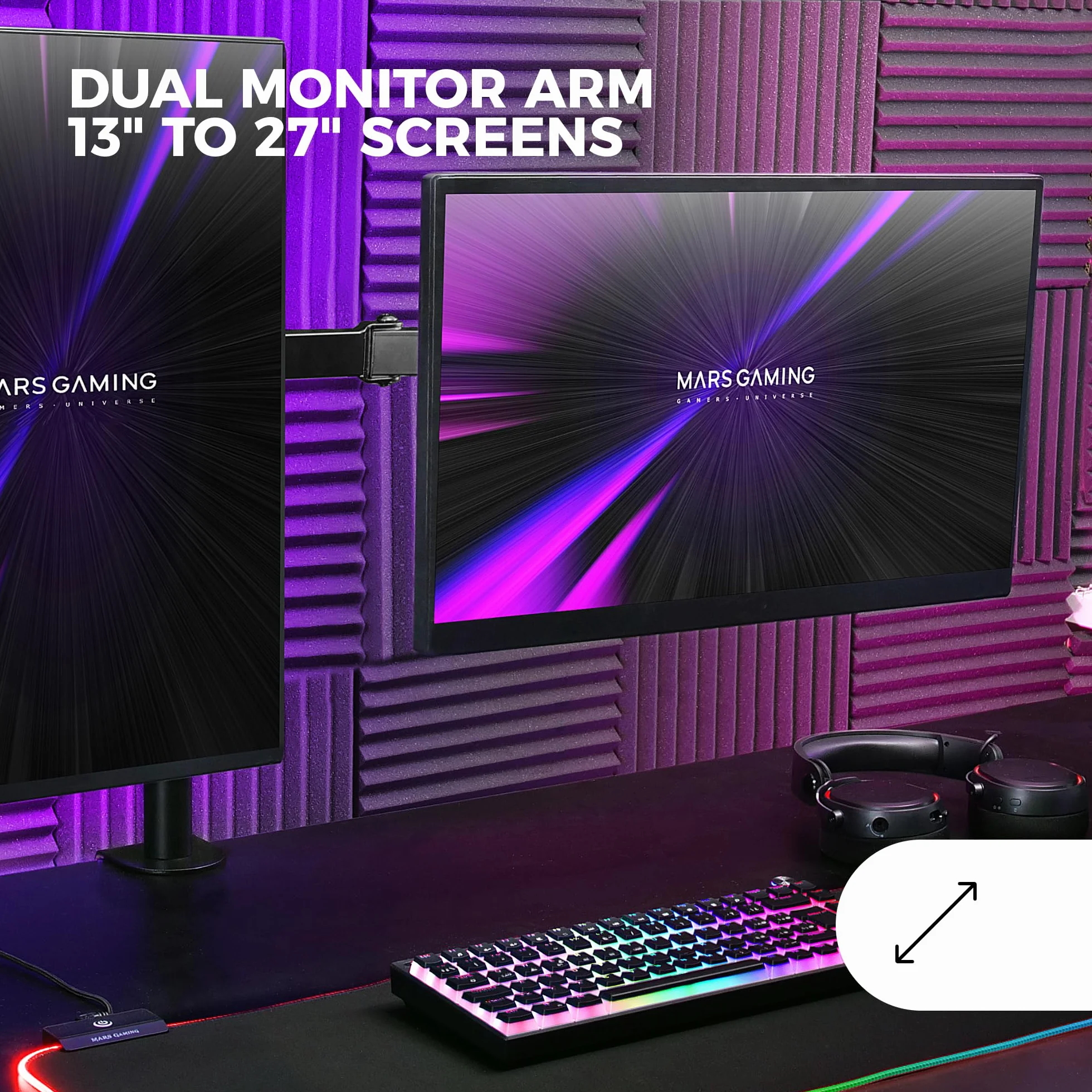 Mars Gaming MARM2 Negro, Soporte de Monitor Dual de Brazo para Pantallas hasta 27”, Articulado y Regulable en Altura, Estructura Robusta, Compatible con VESA75 y VESA100