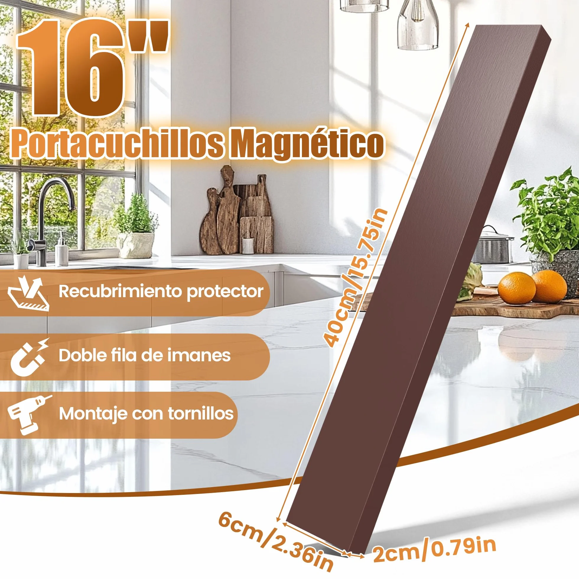 Soporte Cuchillos Cocina Magnético 40 cm, Organizador Cuchillos Madera con Imanes Adhesivos y 2 Ganchos Autoadhesivos