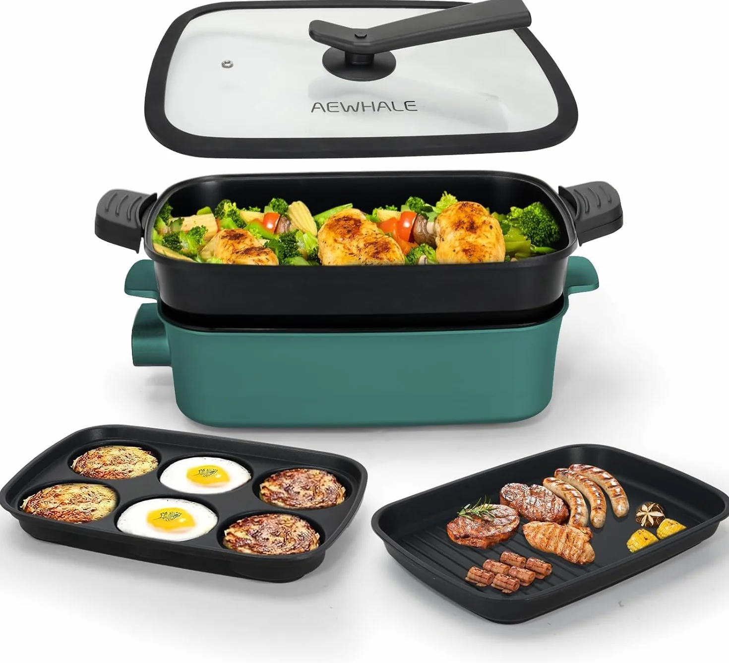 AEWHALE 3 en 1 Sartén Multifuncional Grill Eléctrico,Sartén eléctrica con tapa de cristal 1500W Revestimiento Antiadherente,Superficie Extraíble y asas de tacto frío Sartén eléctrica para Panqueques