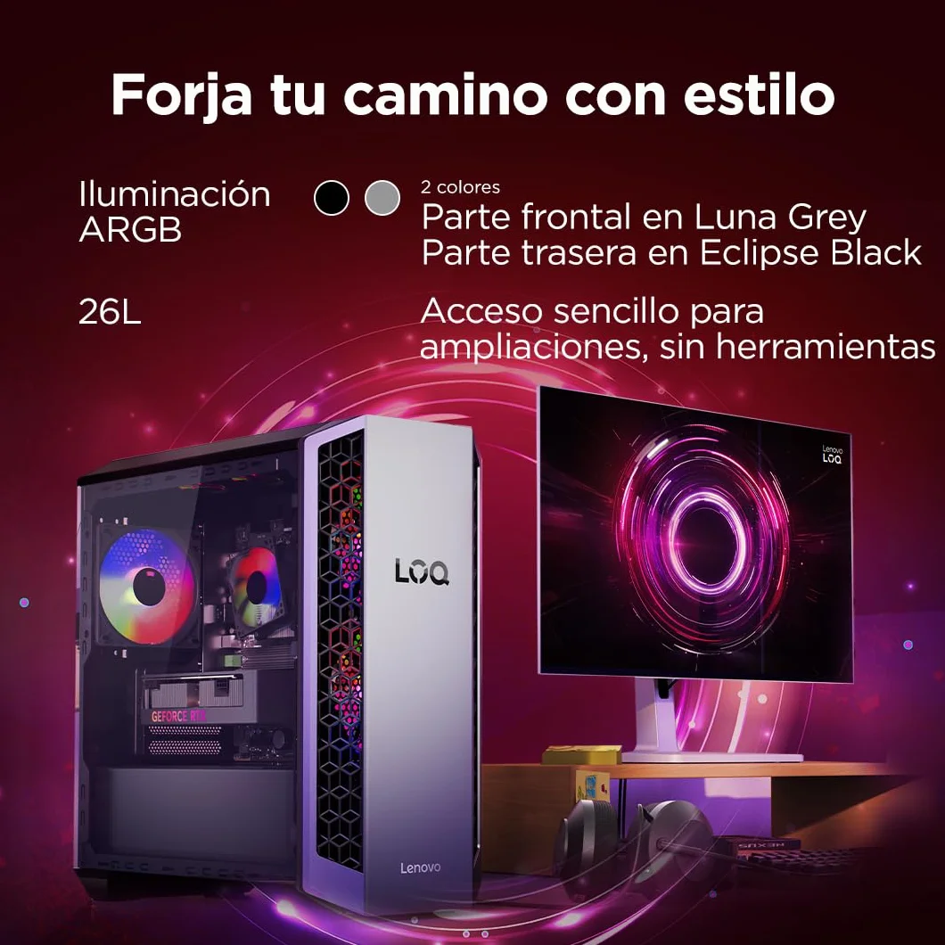 Lenovo LOQ Tower Gaming (AMD Ryzen 7 8745HX, NVIDIA GeForce RTX 5060, 16 GB RAM, 1 TB SSD, 26L, Wi-Fi 7, Sin Sistema Operativo) - Color Gris