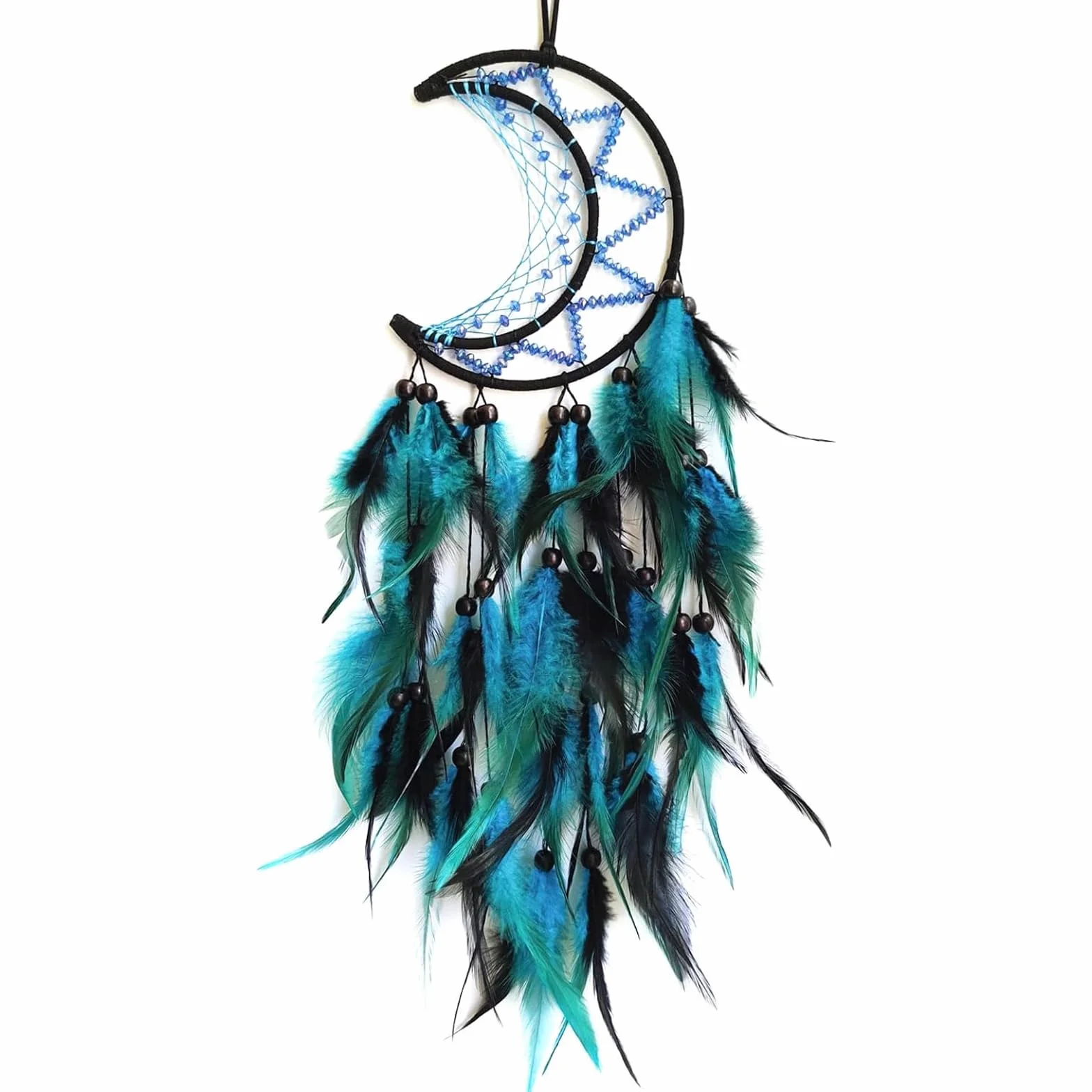Atrapasueños de Luna Grande, Plumas Azules, Adorno de Pared, Decoración del Hogar, Hecho a Mano