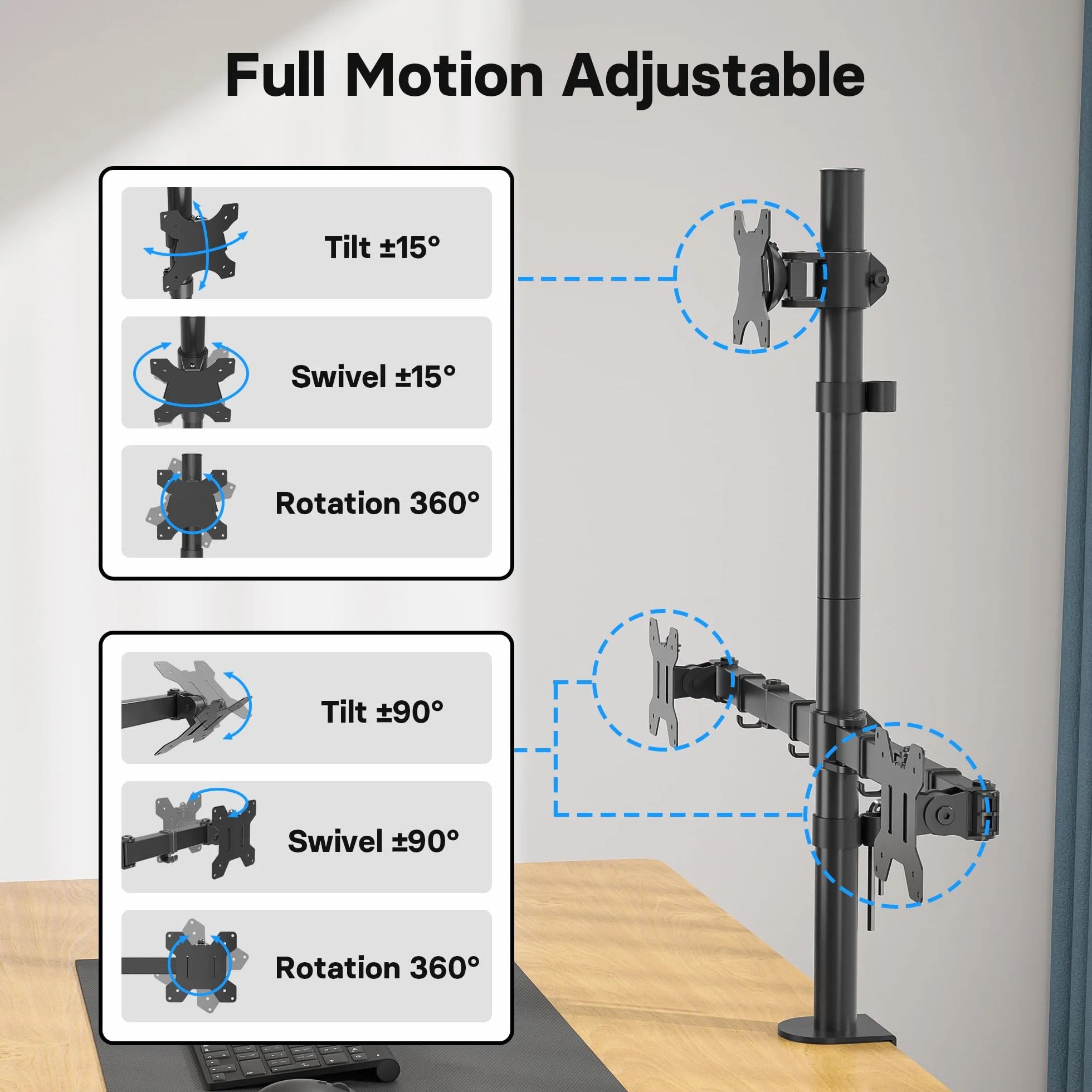 BONTEC Soporte para Monitor Triple, Para 1 Pantalla de 32 Pulgadas y 2 de 27 Pulgadas, Soporta 10 kg, Brazo con Ajuste de Movimiento Completo, VESA 75/100mm, Soporte de Escritorio para Oficina, Gaming