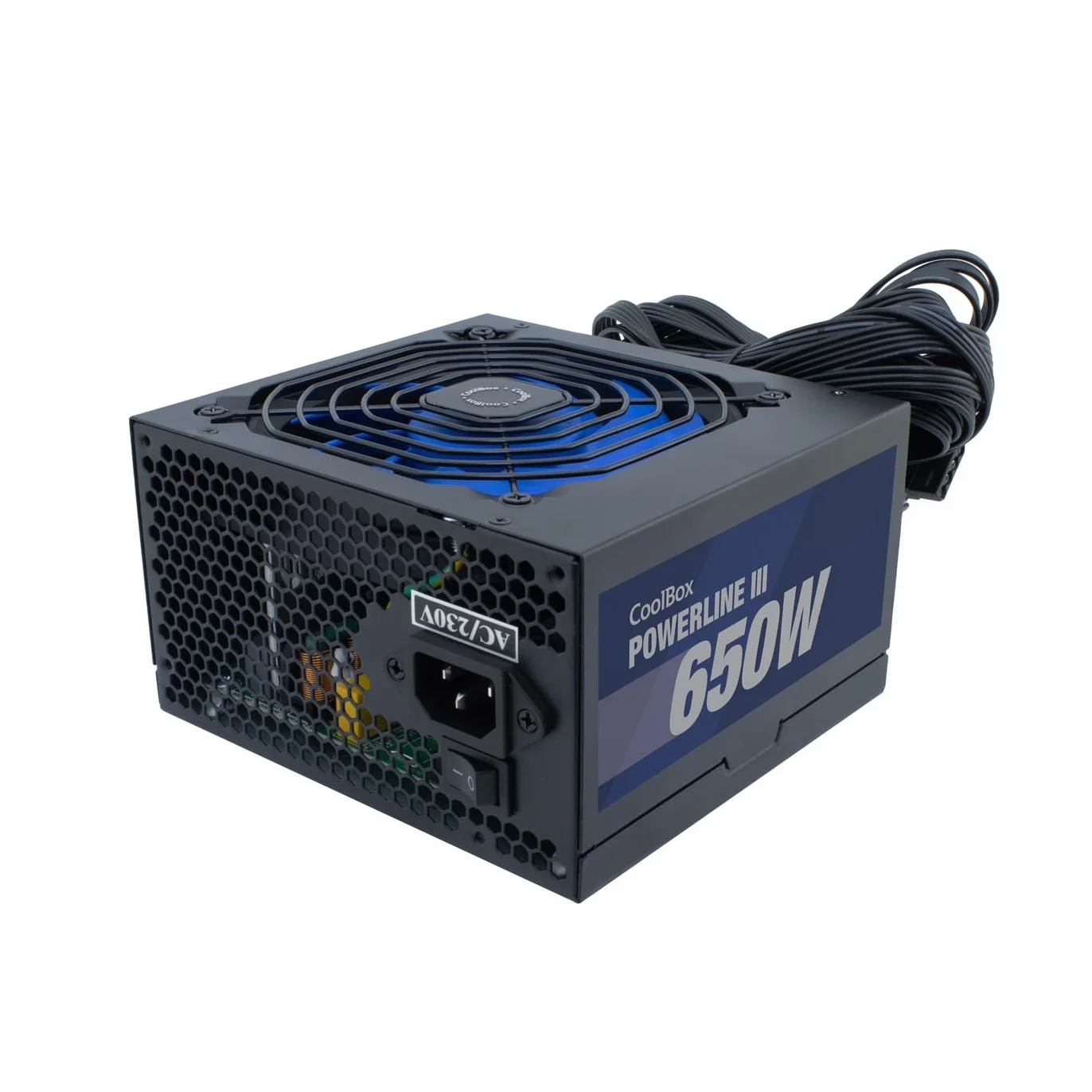 CoolBox Powerline3 650, Fuente de Alimentación PC 650W, ATX, 85% Eficiencia, Ventilador Ultra-silencioso 12cm, Tecnologías SMD y DC-DC, Filtro emi, Cables Planos Largos, Negro