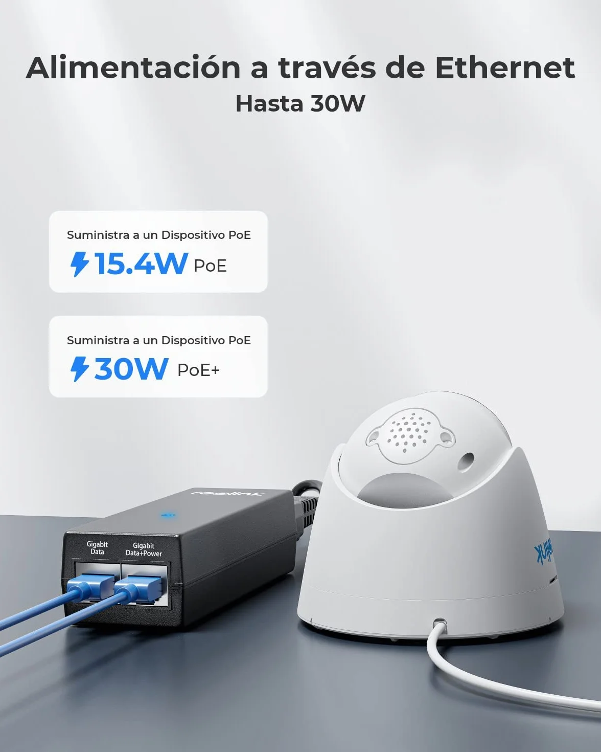 Reolink Gigabit inyector PoE, alimenta con PoE+ (30 W) o PoE (15,4 W), Distancia de hasta 100 m, Plug & Play, Adecuado cámaras PoE/Video Doorbell PoE