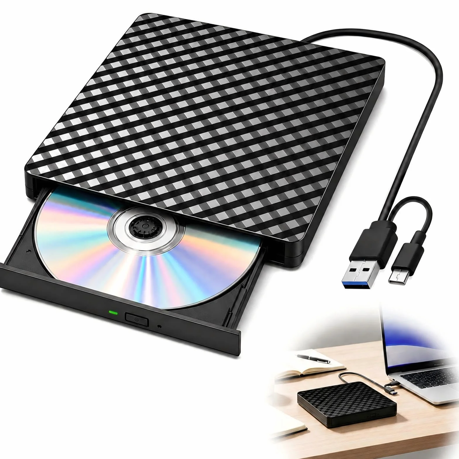 Lector CD/DVD Externo USB 3.0 y Type-C, Grabadora CD DVD Portátil Plug and Play, Unidad Óptica +/-RW para PC, Portátil, Sobremesa, Compatible con iMac, Windows 11/10/8/7, Mac OS, Surface Pro, Negro