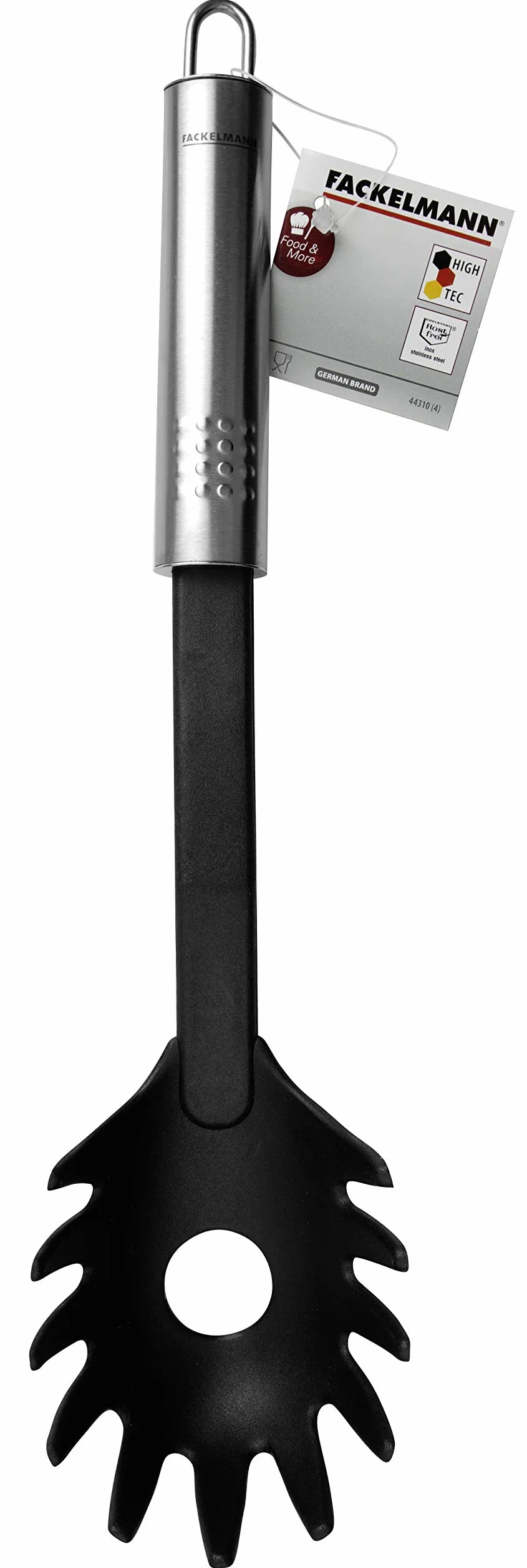 Fackelmann Cuchara de espaguetis 30 cm acero inoxidable y plástico, utensilio de cocina para ollas revestidas