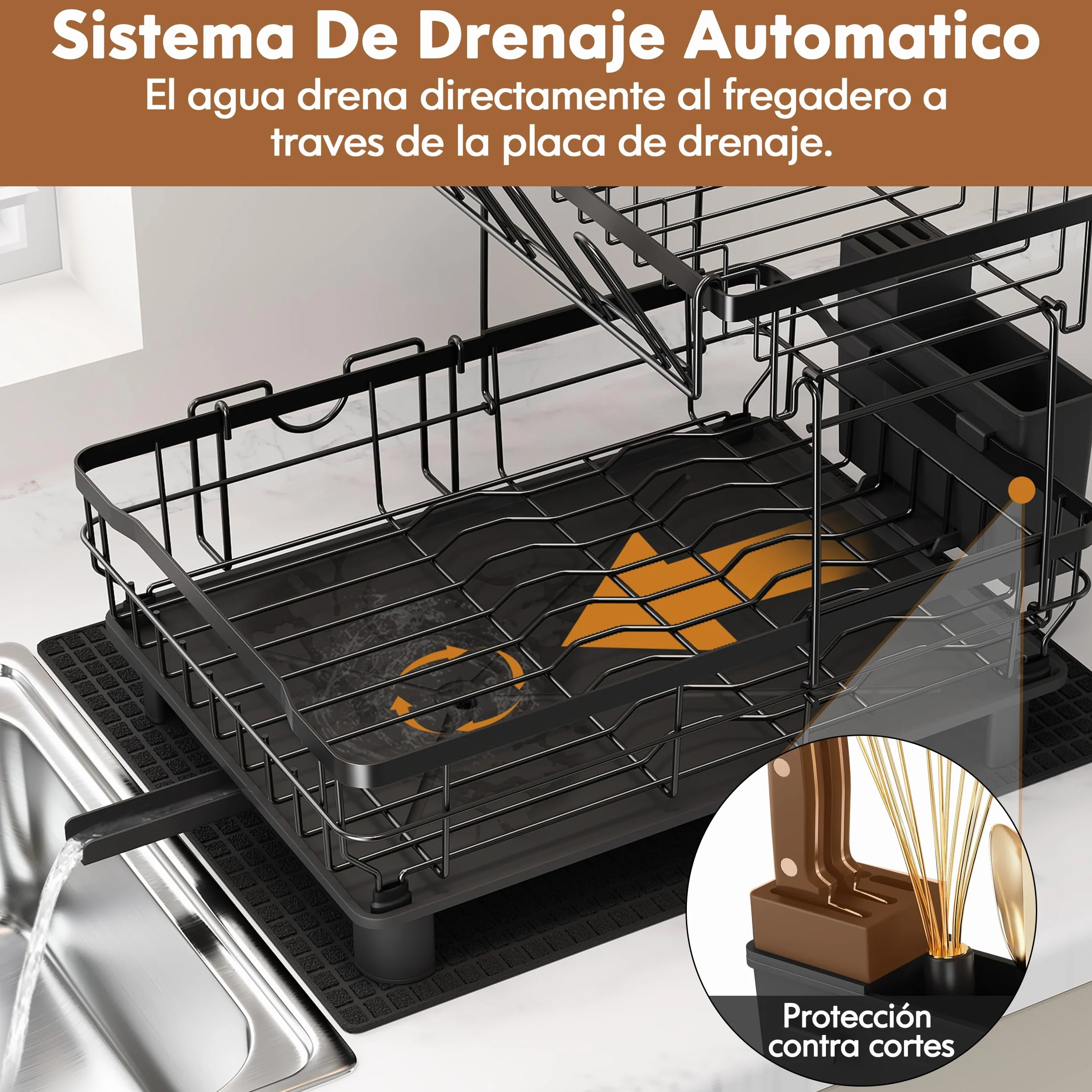 MAJALiS Escurreplatos Acero Inoxidable con Drenaje, 2 Niveles, Negro