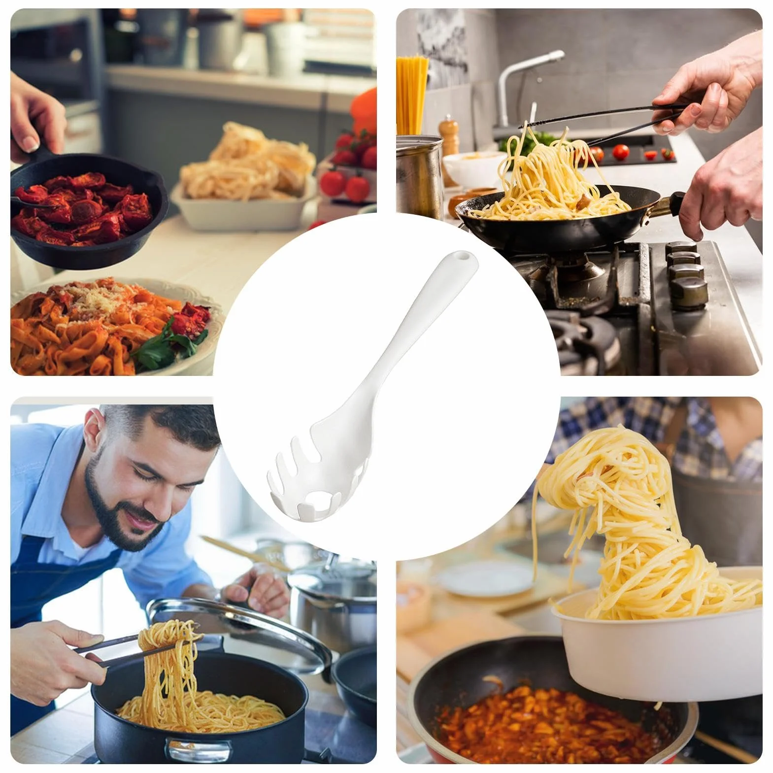 Cuchara de espagueti con dientes, tenedor de fideos resistente al calor, mango largo para cocina