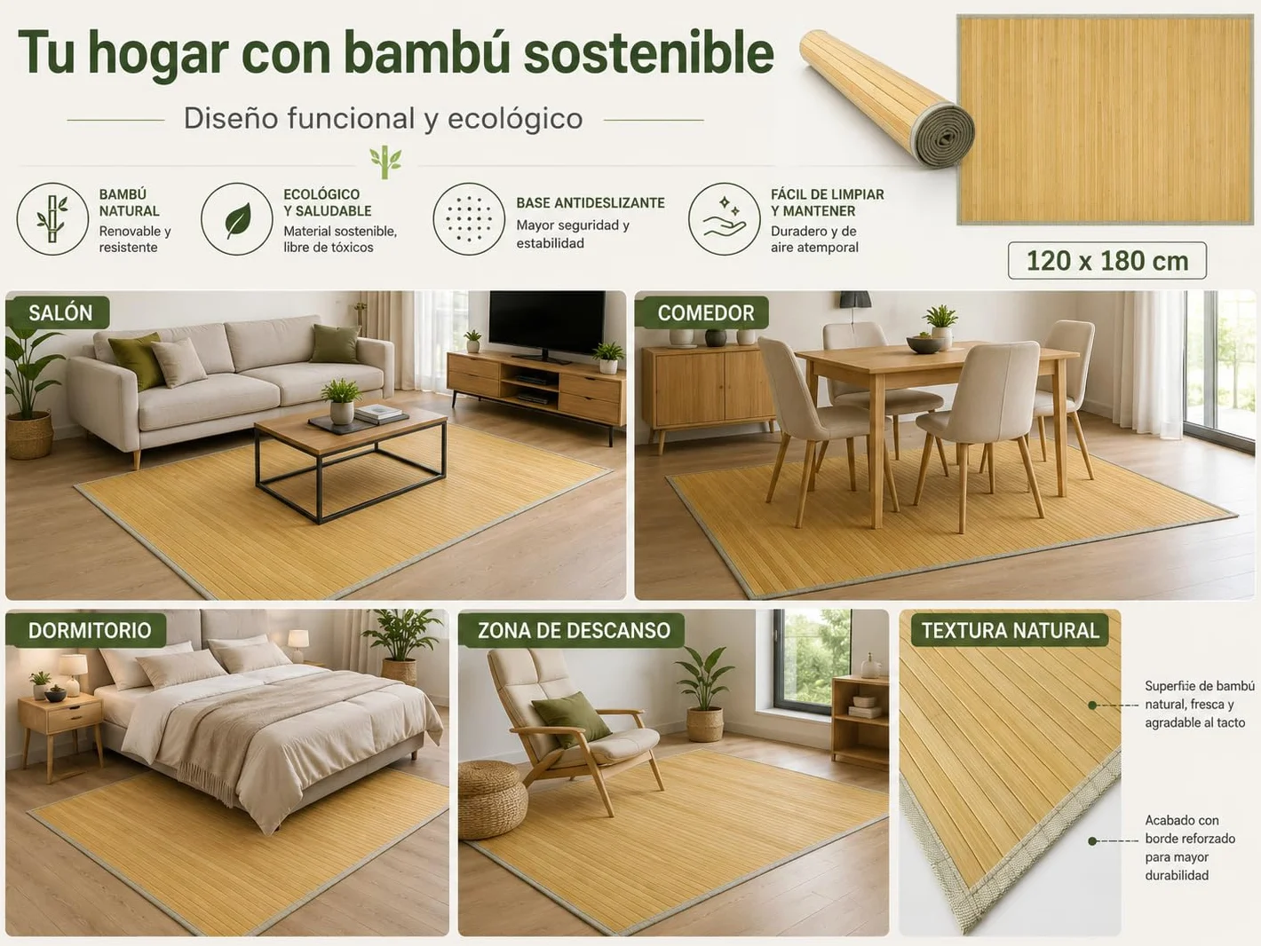 HERSIG Alfombra Bambú Antideslizante Tatami 120 x 180 cm