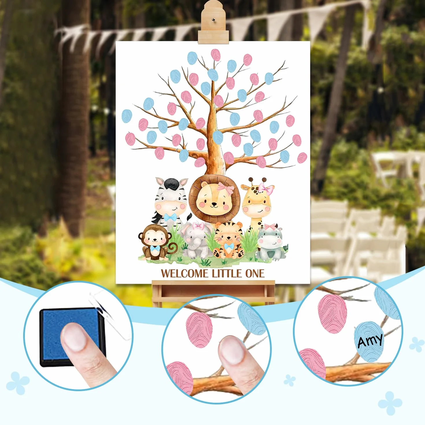 Árbol de huellas dactilares para fiesta de revelación de género, libro de visitas para baby shower