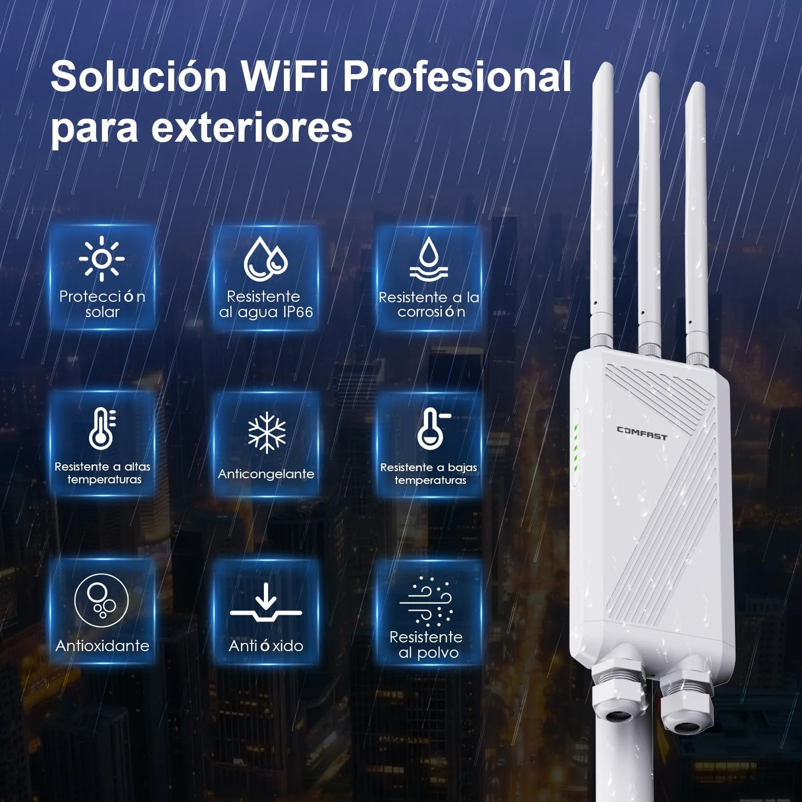 COMFAST BE3600 Amplificador de señal WiFi 7, Punto de Acceso Inalámbrico, Antena WiFi Exterior y Largo Alcance de Alta Potencia, IP66/PoE/3 Antenas para Granjas, Jardines, autocaravanas y campings
