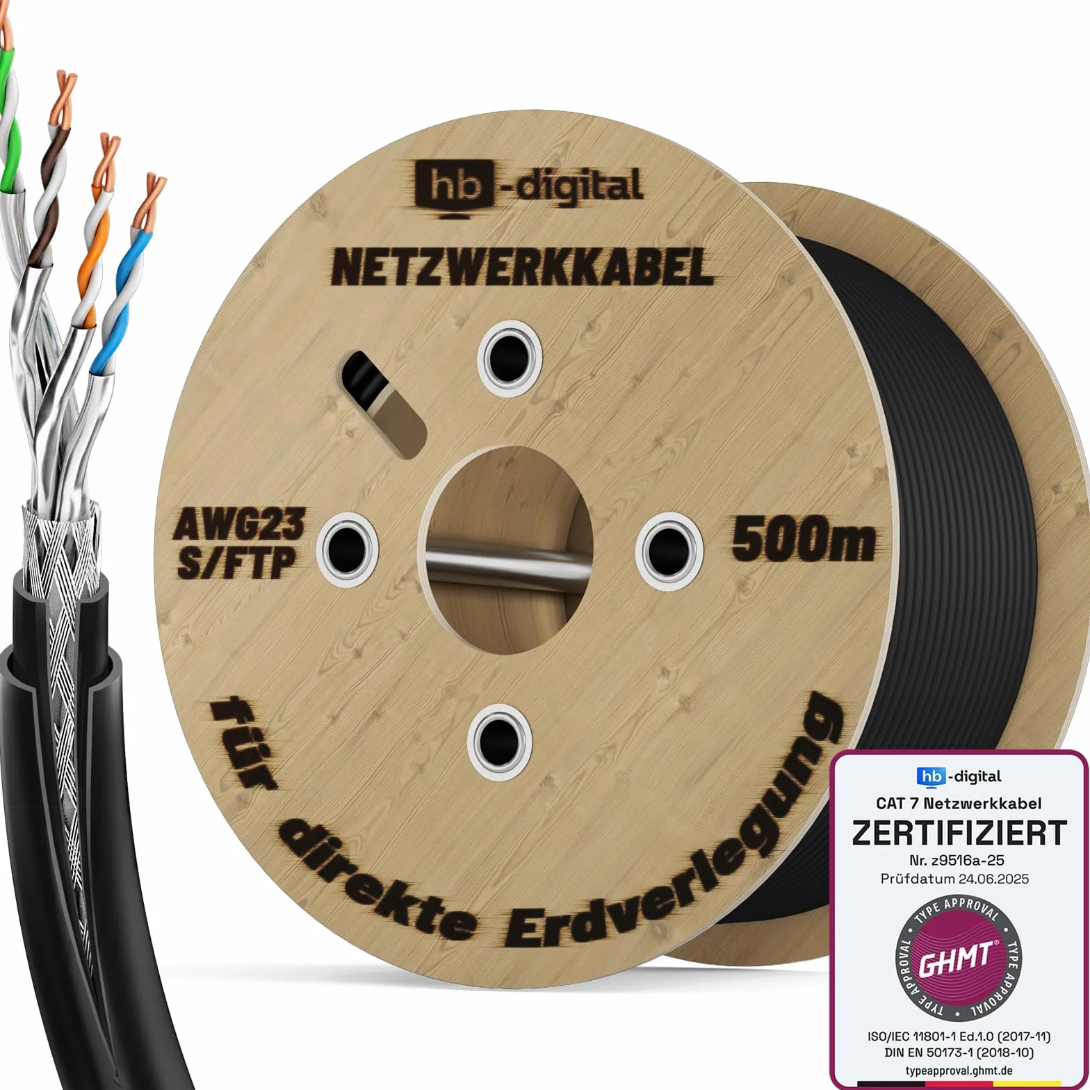 HB-DIGITAL Cable de red para exteriores (cat. 7, 500 m, para instalación directa a tierra, S/FTP AWG23/1, cobre puro, doble revestimiento, PVC + LLDPE, resistente al agua, PoE 10 Gbps, cable Ethernet
