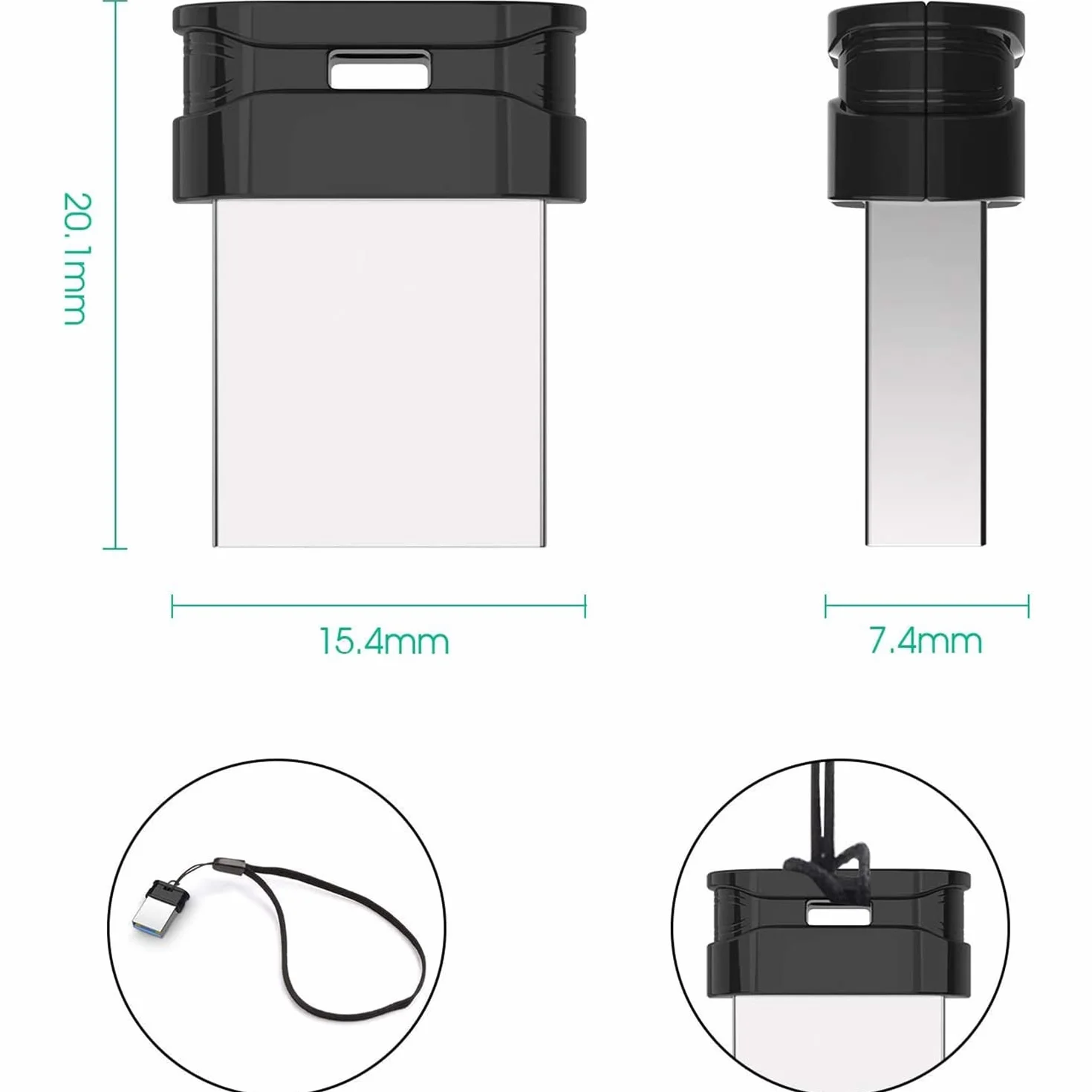 USB 64GB Mini, Vansuny Pendrive 64GB 3.0 Pack 2 Portátil, Memoria USB 64GB 3.0 Mini, Pen Drive 3.0 para PC Tablets, Estéreo de automóvil, Grabadoras (Negro, con Cable)