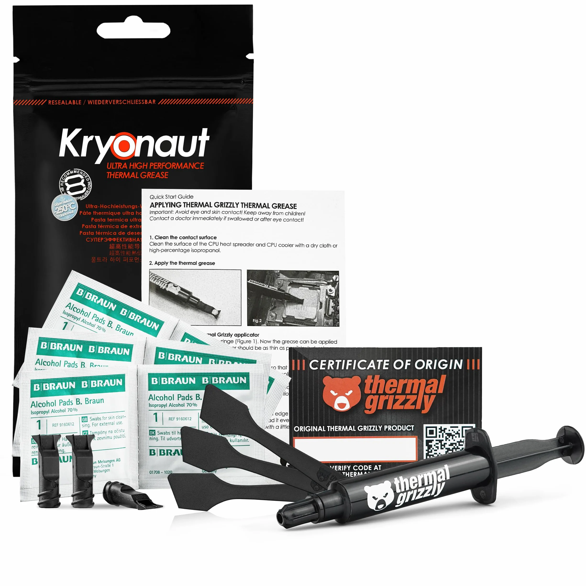 Grizzly Kryonaut - Grasa térmica de 11,1 gramos, 1 aplicador extra, 2 espátulas adicionales y 6 almohadillas de limpieza para CPU