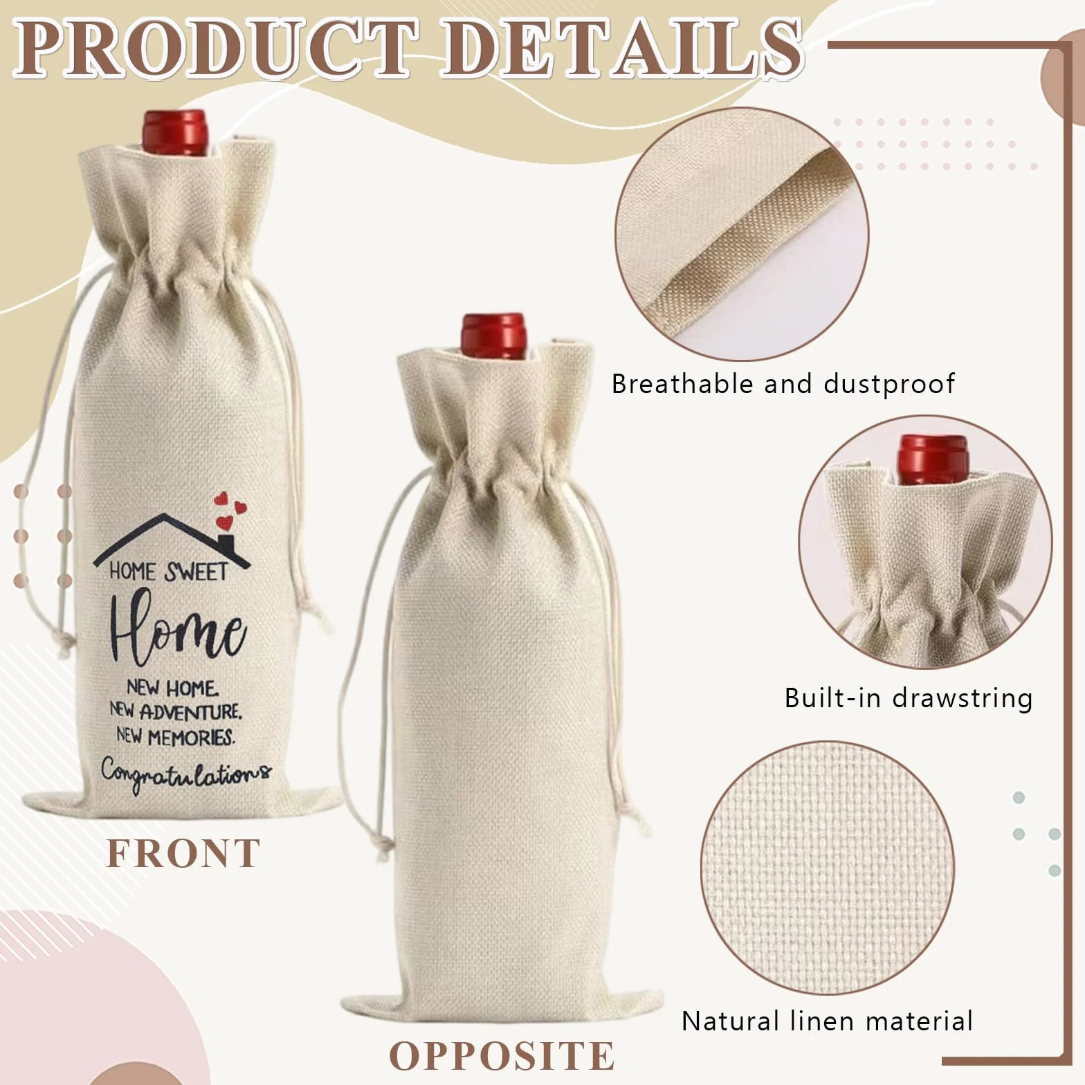 Set de Regalo Mudanza para Nueva Casa: Bolsa Botella Vino, Llavero, Amuleto Suerte, Sobre Felicitación