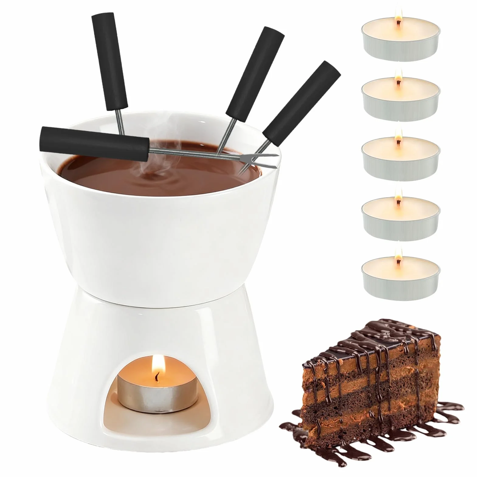 Dongcill Taza para Fondue de Chocolate,300 ml,de Cerámica,con 4 Tenedores y 5 Velas de té para 4 Personas,Paras Queso,Mantequilla,Caramelos