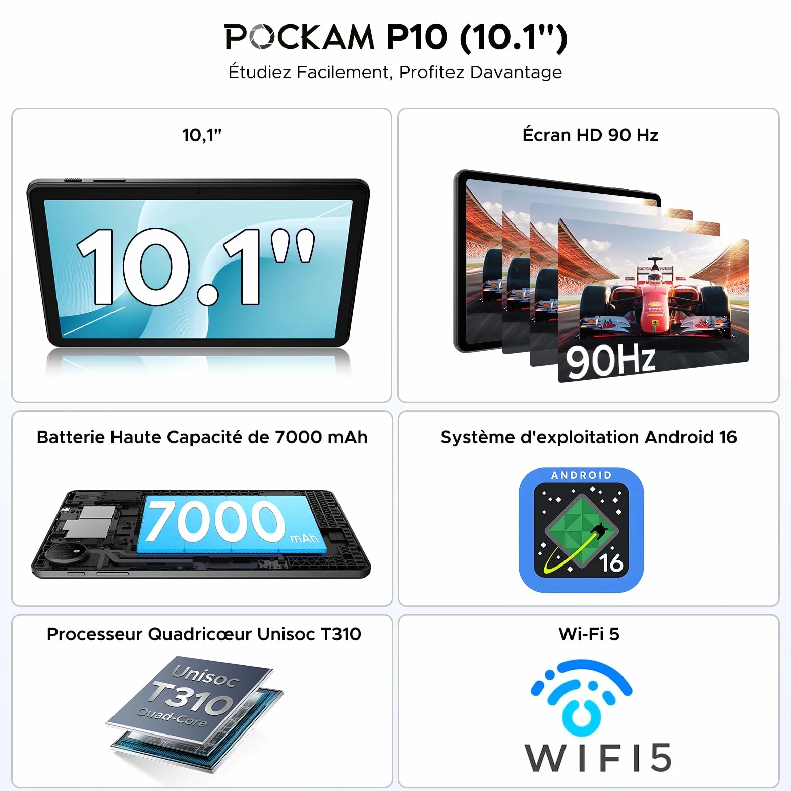 P10 Tablet 10 Pulgadas Android, Tablets Android 16 con Gemini AI, 48GB RAM+128GB ROM, 7000mAh, Unisoc T310 Quad-Core, 90Hz, 8MP+5MP, WiFi 5, Altavoces Duales, Face ID, Tablet con Teclado, Lapiz, Negro