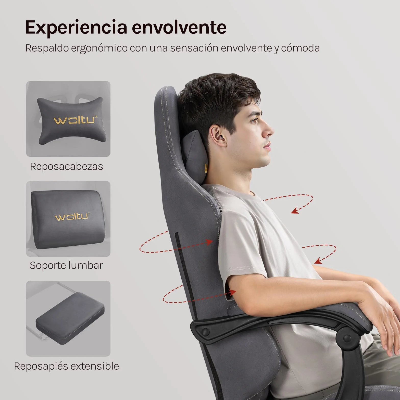 WOLTU Silla Gaming con Soporte Lumbar Ergonómica Oficina Giratoria Reposapiés Tela Ante Gris