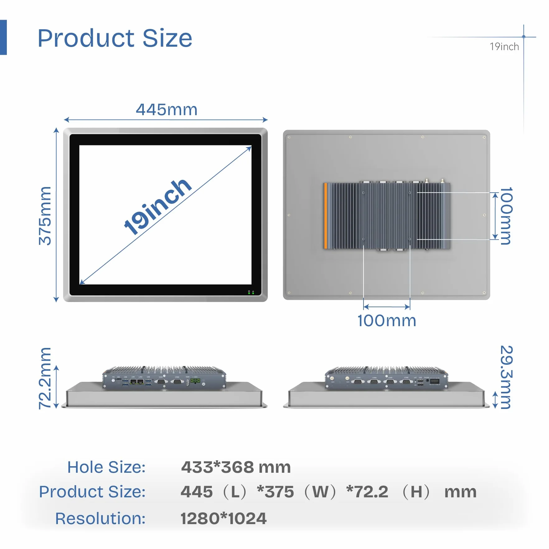 Panel PC Industrial Integrado de 19",Todo en uno Táctil Capacitiva sin Ventilador IP65,Windows 11 Pro,Encendido automático,2×LAN,HDMI,6×USB,2×RS485,4×RS232 (i5-1235U,8 GB RAM,1 TB SSD)